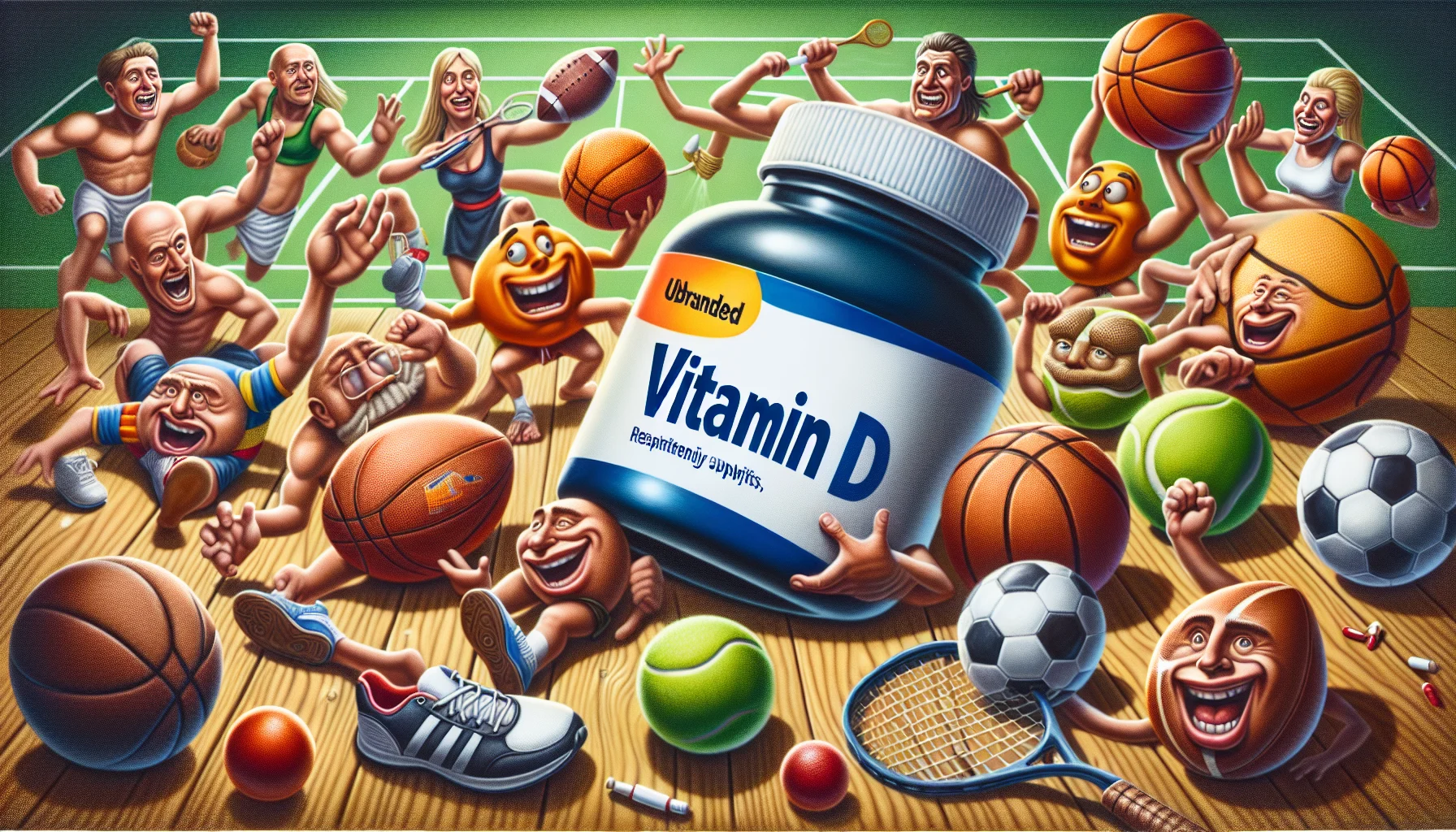 Craft a realistic image that brings humor to the foreground. Center the painting around a sports setting where various sports objects humorously trying to access an unbranded bottle of Vitamin D. The sports objects could include footballs, basketballs, and tennis rackets with faces and limbs, all positively reacting to the vitamin D supplement, signifying the benefit of such supplements for sporting activities. Keep the tone playful, lively, and imbued with a touch of humor. 