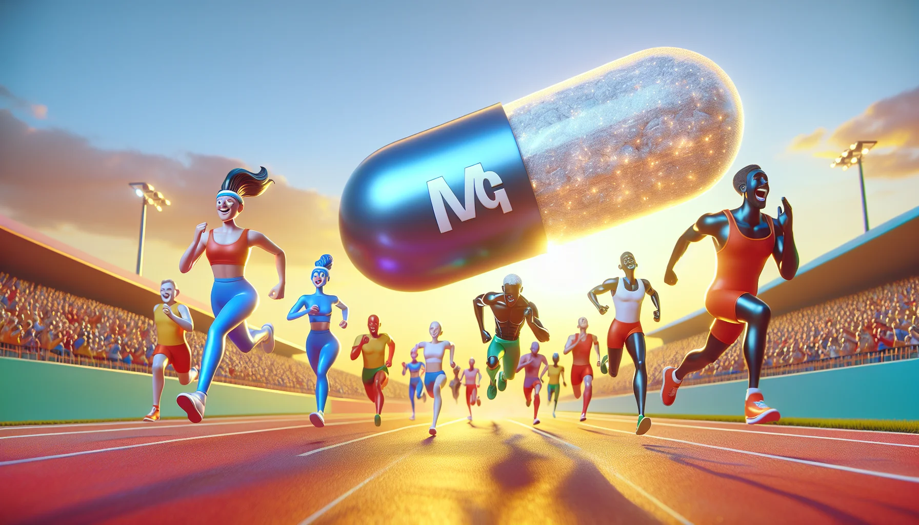Create a comedic and visually appealing image showcasing the effectiveness of magnesium supplements for sports performance, leg cramps, and sleep. Imagine a playful scenario where cartoon-like athletic figures of varying descent and gender are running a race. Their legs are glowing brightly, symbolizing the alleviation of leg cramps, and they are wide awake, indicating the magnesium's effects on improving sleep. Nearby floats a giant, 3D, shining magnesium capsule, casting a soft light on everything. The setting can be a colorful race track, during golden hour.