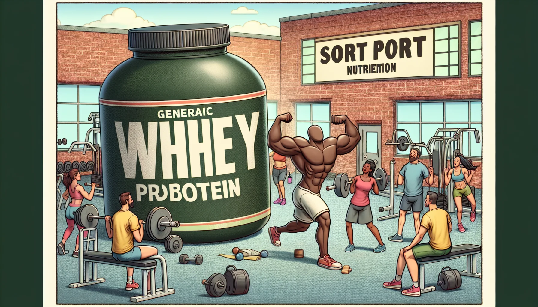 Craft a whimsical scene of a sport setting where a sizeable tub of generic whey protein supplement is playfully portrayed. The location is a bustling gym. People of diverse descents like Caucasian, Hispanic, and Black are involved, each person engaging in different types of fitness exercises – strength training, cardio, yoga. Suddenly, a tub of whey protein supplement grows limbs and starts doing squats amidst their bemusement and laughter. This funny scenario emphasizes the importance of supplements in sports nutrition, thus enticing viewers to consider using them in their fitness regimen.