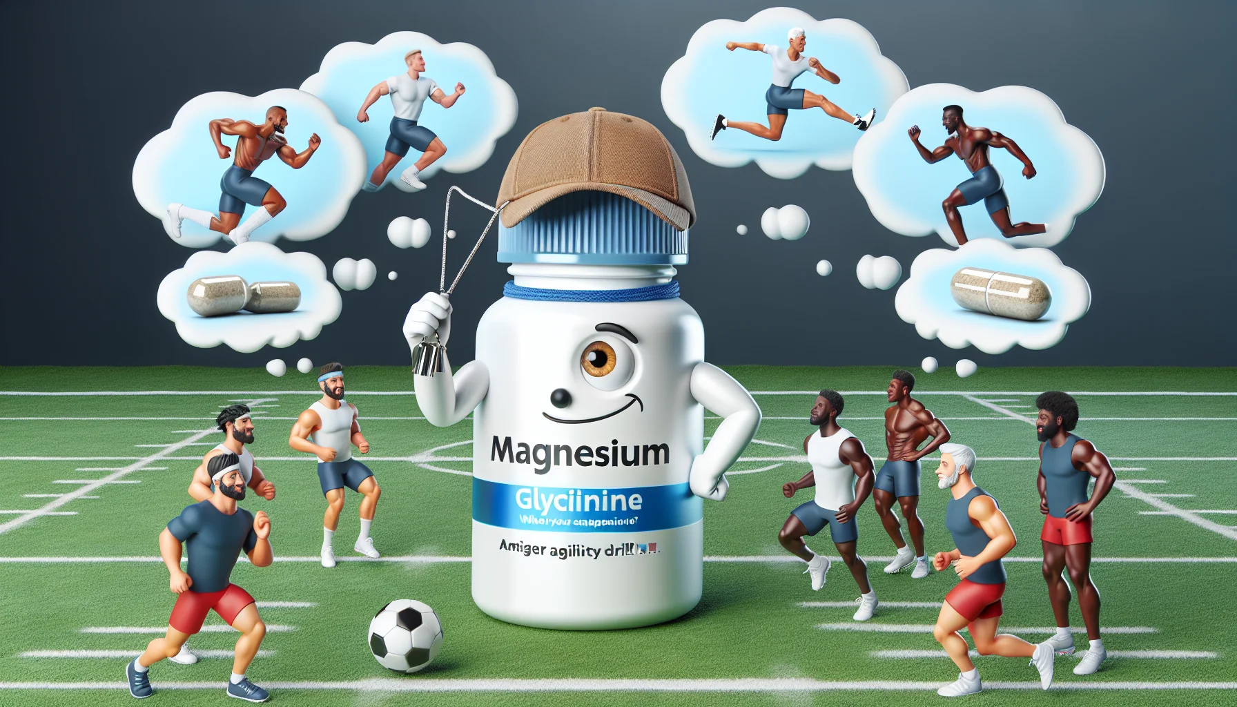 A humorous, realistic scene centered around a personified magnesium glycinate supplement. The supplement, displayed with a friendly and inviting expression, is playing the role of a football coach, showcasing agility drills. It holds a whistle and wears a cap. This fun-loving supplement is encouraging a group of diverse athletes, of different genders and descents like Caucasian, Hispanic, South-Asian, etc., to take him up for enhancing their sports performance. This is communicated through thought bubbles containing images of strong, energetic athletes.