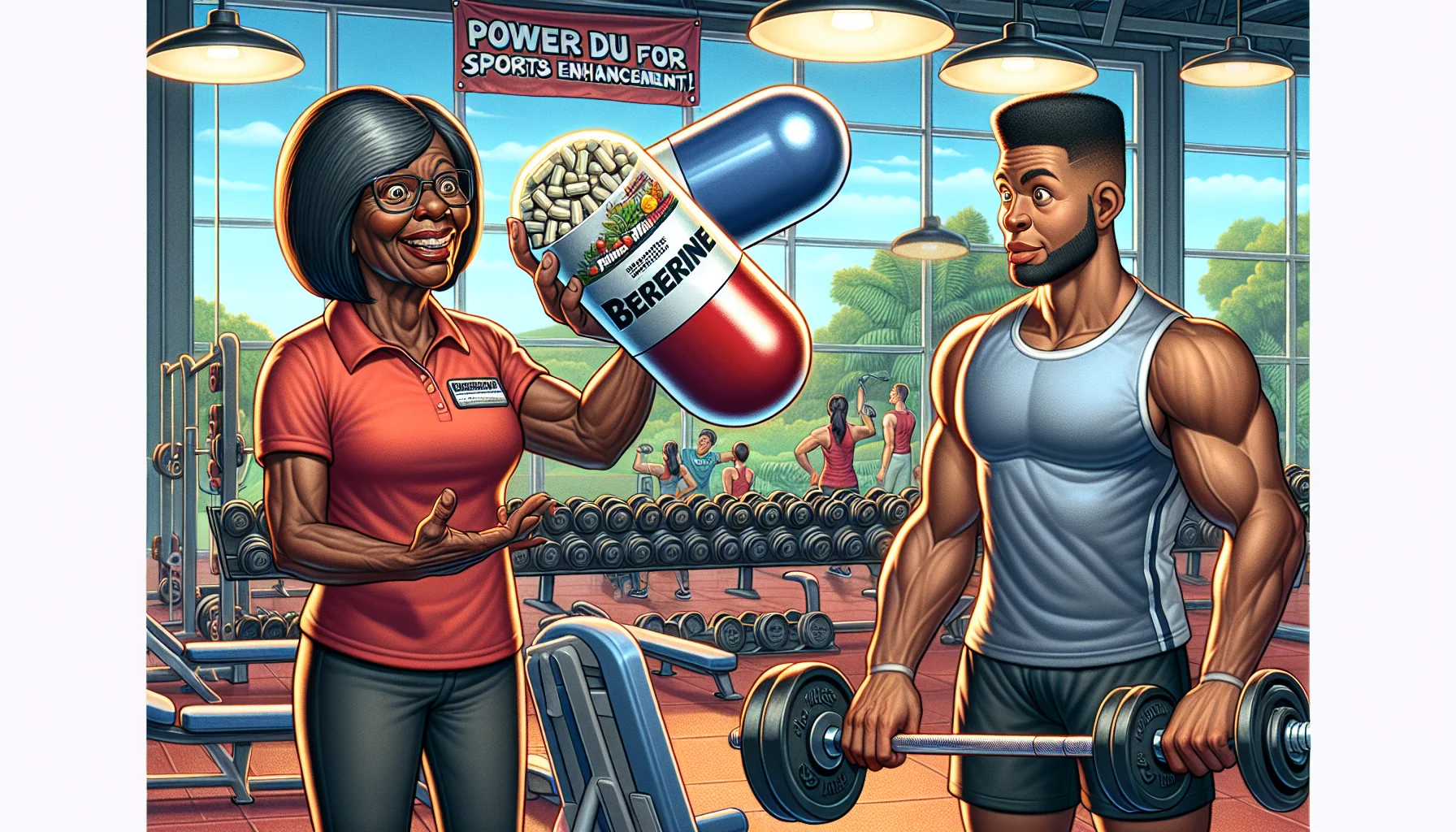 Create a humorous, realistic scene set in a gym. Picture an array of sports equipment in the background and a vibrant atmosphere. At the forefront, imagine a fitness trainer, a middle-aged Black woman, holding up two giant, cartoon-like capsules - one labeled with 'Berberine' and the other 'Magnesium'. Beside her, a young Hispanic male athlete is lifting weights, his face expressing surprise and amusement at the giant supplements. On a banner hanging overhead, read the phrase, 'Power Duo for Sports Enhancement!'. This illustration aims to promote the use of these supplements in a lighthearted and engaging manner.
