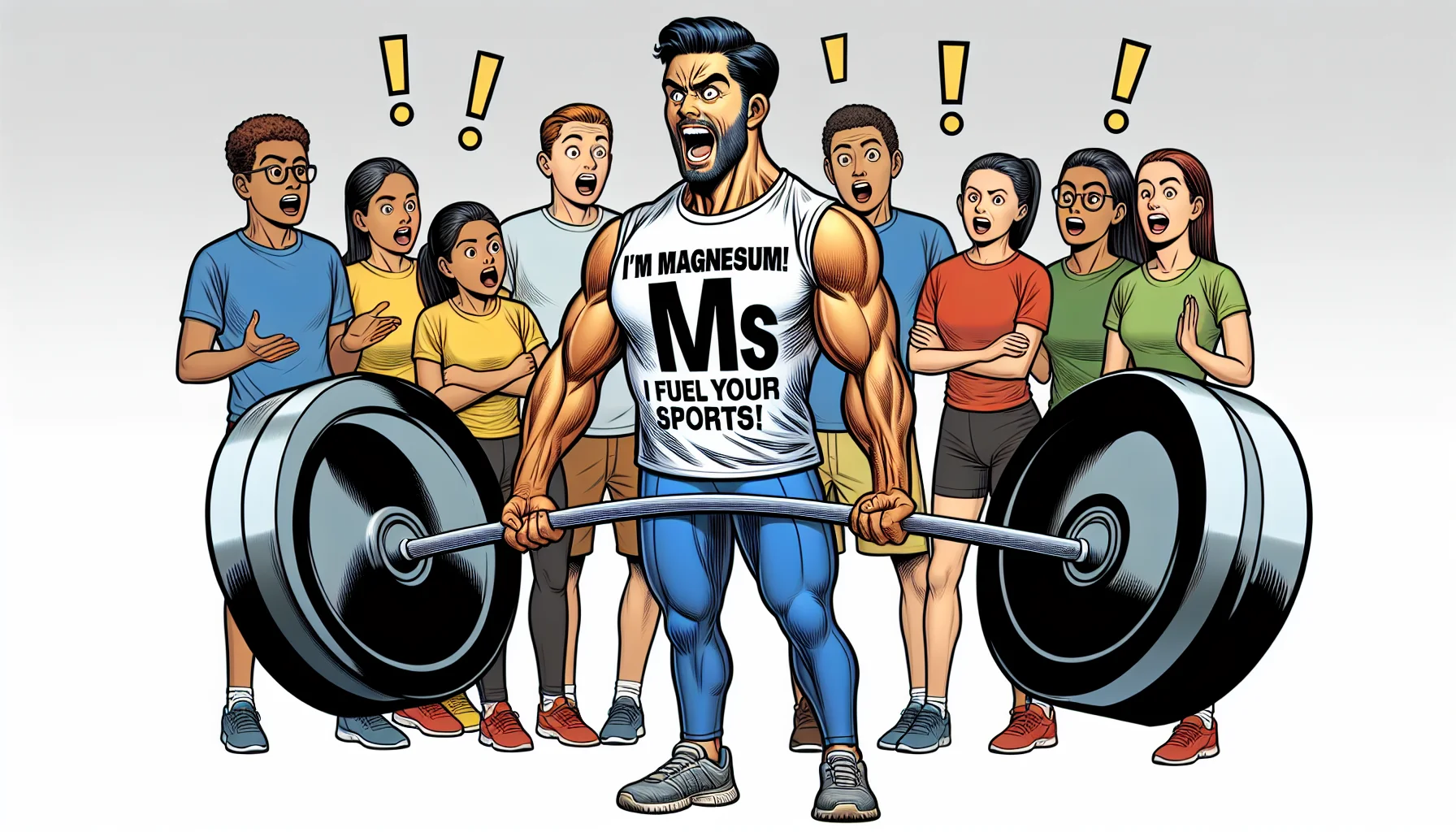 Create a realistic image that personifies the element magnesium as a fit, Hispanic comic character holding a barbell. This character is passionately leading a multicultural sports fitness class. The character's shirt explicitly states 'I'm Magnesium! I fuel your sports!'. Around the character, the class attendees are surprisingly surprised and becoming enticed to use dietary supplements. They are showing expressions ranging from serious curiosity to eager enthusiasm.