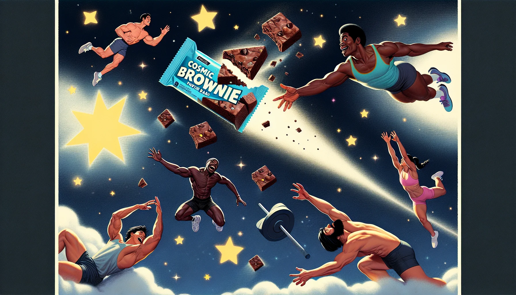 Illustrate a humorous scene in the galaxy where cosmic brownie protein bars are literally shooting out from the stars. Various athletic people are reaching out to grab them, their faces full of delight and determination. Include a male Caucasian runner, a female Black weightlifter, and a Middle-Eastern male yoga practitioner, all in the midst of performing their sport. Make the stars emanate a soft glow, while the protein bars have an inviting shine to them, emphasizing their desirability. The space serves as an allegory for how the right supplements can give athletes the energy they need, represented by the cosmic brownie protein bars.