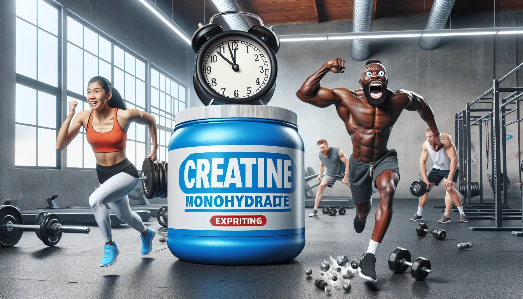 Create an amusing, realistic image that depicts the concept of creatine monohydrate 'expiration'. Picture this: in a gym, an athletic Black male and a muscular Hispanic woman are doing weightlifting exercises. Nearby is a large, humorous caricatured tub of creatine monohydrate with an alarm clock attached. It's screaming and running, indicating it's 'expiring', much to the amusement of the gym-goers. The scene should convey the idea of regular consumption of creatine being beneficial for sports enthusiasts.