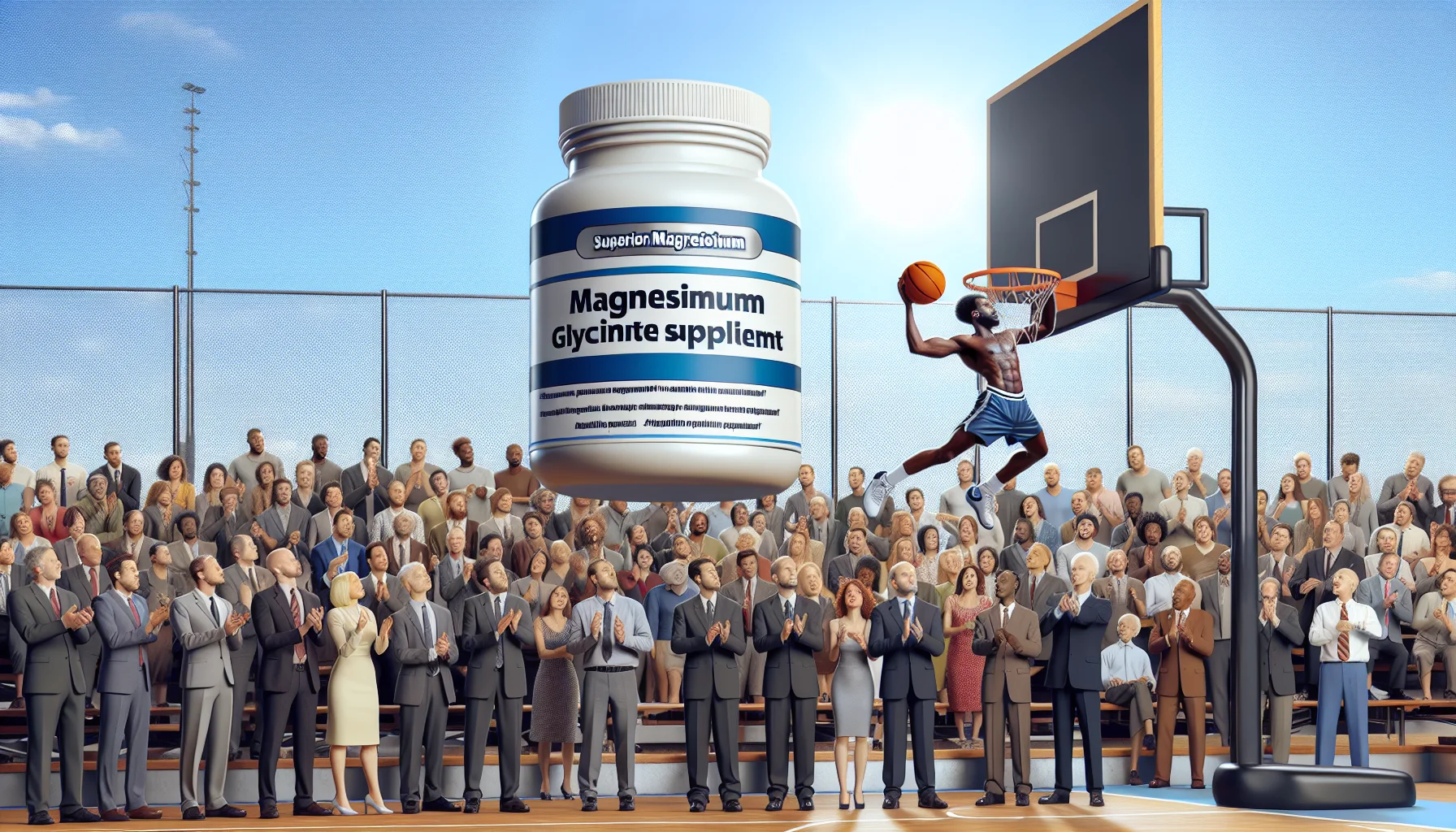 Generate a realistic image of a magnesium glycinate supplement bottle with a label reading 'Superior Magnesium Supplement,' situated in a humorous sports scenario. Visualize the bottle confidently doing a slam dunk on a basketball court, showcasing its agility and strength to a diverse crowd of onlookers. The crowd is composed of a variety of individuals of different genders and descents such as Caucasian, Hispanic, Black, Middle-Eastern, and South Asian. They are all fascinated and amused by the spectacle, which suggests the benefits of using supplements for sports activities.