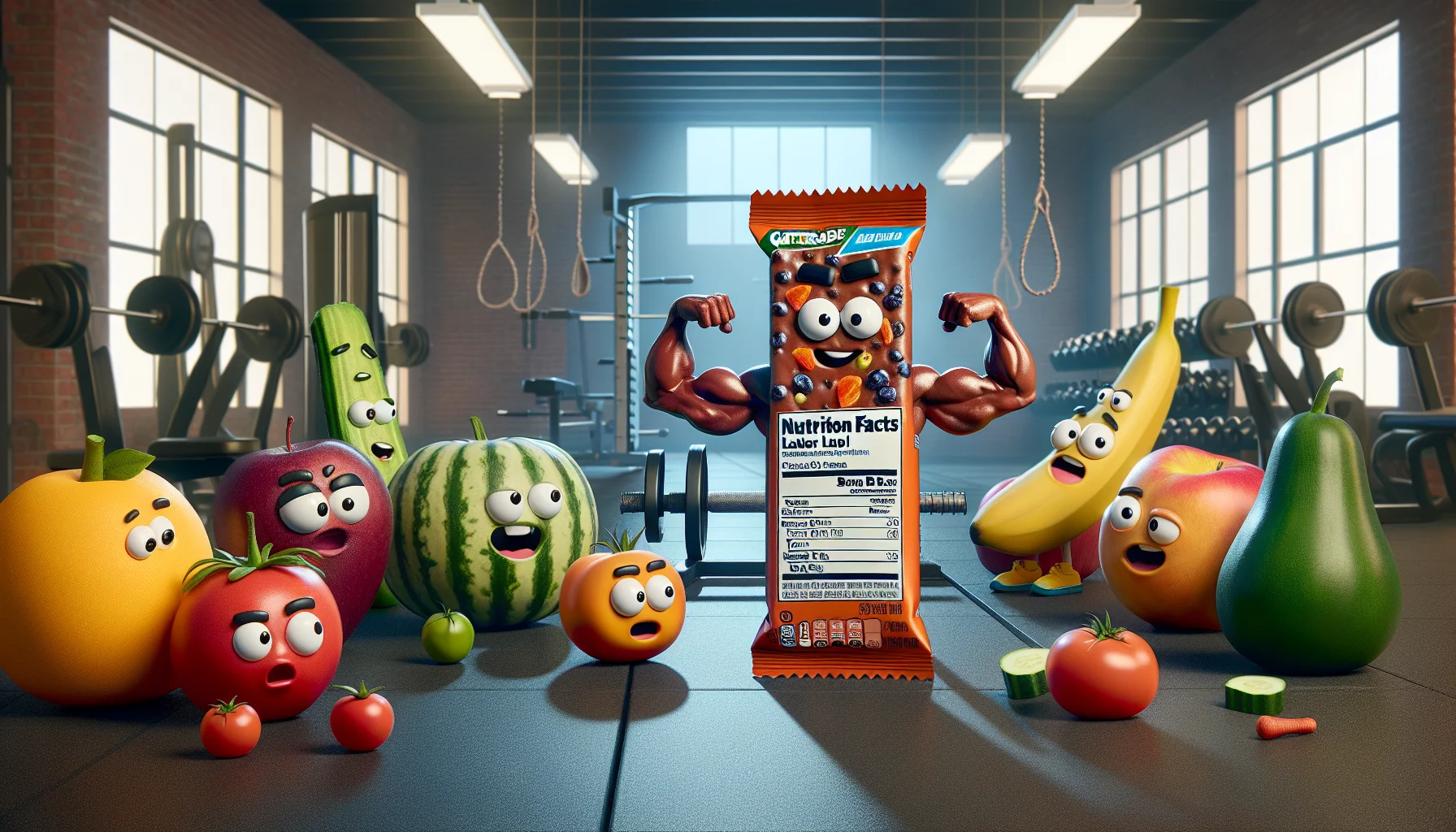 Create a delightful scenario filled with humor centered around a nutrition facts label of Gatorade protein bars. In the image, imagine an animated protein bar with facial features, looking flexed and strong, showcasing its nutrition facts label to an audience of various fruits and vegetables who seem to be in awe. The scene is set in a gym background to underline the connection with sports and fitness. Please do not include any brand logos in the design.