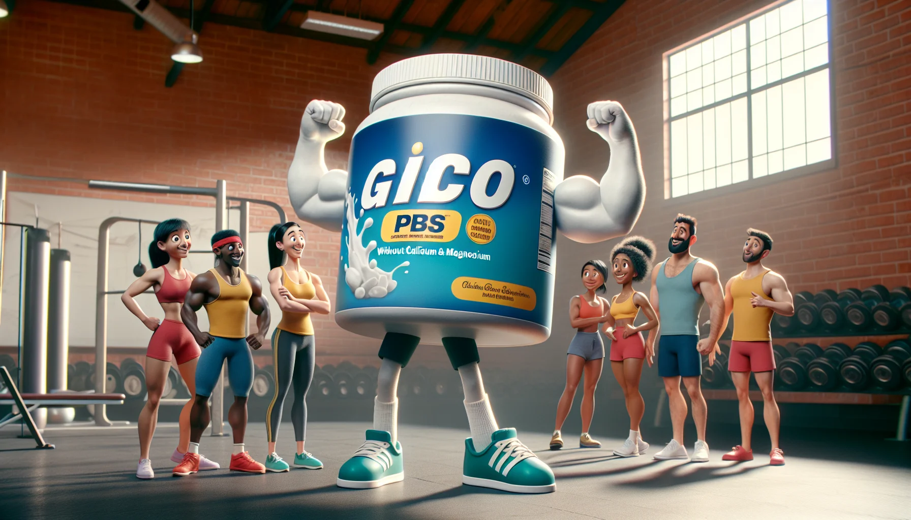 Imagine a whimsical and humorous scene set in a gym. There's a large, animated container of 'Gibco PBS Without Calcium and Magnesium', anthropomorphized with flexing arms and a sweatband, promoting the benefits of supplements for sports. In the background, there are diverse athletes of both genders: a Hispanic female weightlifter, an Asian male gymnast, a Caucasian male runner, and a Black female yoga practitioner. They look at the container with surprise and interest. The atmosphere is uplifting and promotes the idea of sports nutrition in a fun way.