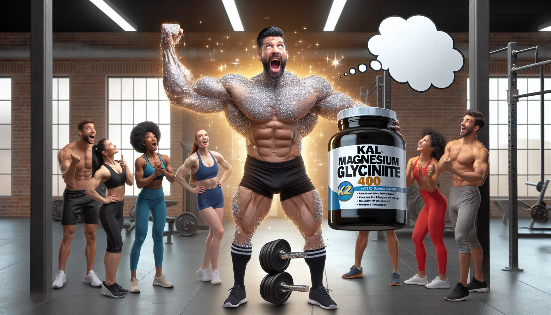 Create an imaginative scene where a person dressed as a bodybuilder is standing in a gym, holding a giant bottle of 'Kal Magnesium Glycinate 400' in one hand as if it were a dumbbell. The bodybuilder is Caucasian male, full of energy and enthusiasm. In the other hand, he is showing a thumbs up. The bottle is sparkling, indicating it's magical or special. There are some athletic people in the background, of varied descents like Black, Hispanic, Middle-Eastern, and South Asian, looking amazed and with speech bubbles saying 'I need that supplement!', making the scenario enticing and humorous.