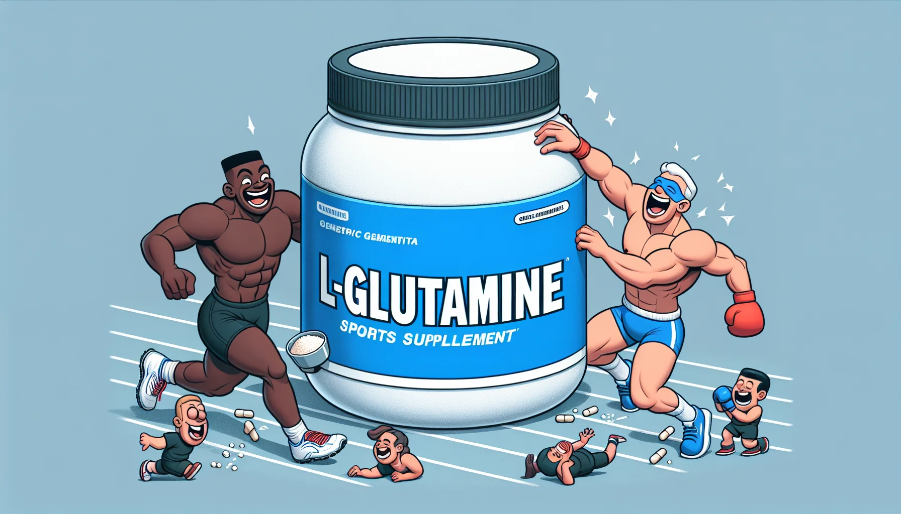 Illustrate a humorously engaging scenario involving a sports environment. In the center of the image, there's an unbranded generic container that strongly resembles a l-glutamine supplement. This sizeable, partially transparent, white-colored container is adorned with the word 'SPORTS SUPPLEMENT' in bold, easy-to-read blue letters. There are two enthusiastic athletes of different descents, one Black male long-distance runner and one White female boxer, both in the midst of their respective sports activities and laughing as they reach out to grab a scoop of the supplement.