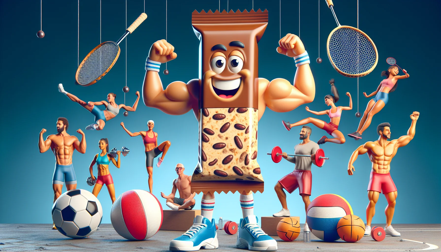 Generate a humorous and realistic image of a protein bar character, anthropomorphized with flexing muscular arms and a confident grin. Surrounding the character, there is a lively sports environment with gymnasium elements such as dumbbells, exercise balls, and crossed badminton rackets. In the background, include silhouettes of various athletes, embodying diversity in gender and descent - male and female, Caucasian, Hispanic, Middle-Eastern, South Asian, demonstrating various sports activities enthusiastically. The mood of the image should encourage the balanced use of sports supplements.