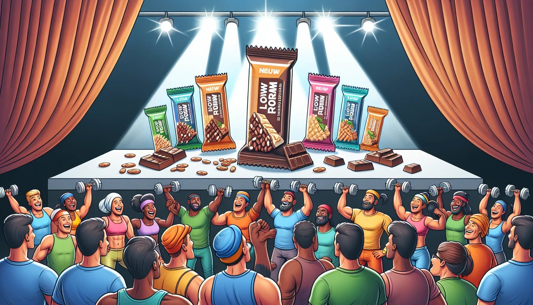 Illustrate a comical scene where a collection of low fodmap protein bars are being presented like superstars on a stage with a shiny spotlight shining down on each of them. Audience consisting of a diverse group of people, displaying South Asian, Caucasian, Hispanic, Black, Middle-Eastern, and East Asian descents with equal representation of both genders, cheer enthusiastically. They are all dressed in various sports attire, signifying their involvement in different sports. Some are even happy and excited, lifting dumbbells and practicing sports while watching the protein bars, underscoring the connection between these nutritional supplements and sports.