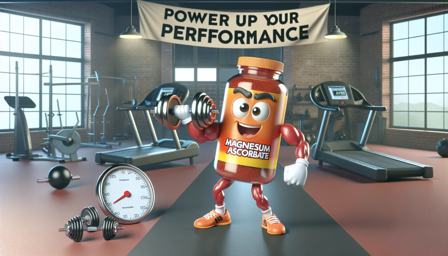 Create a humorous and engaging scene depicting magnesium ascorbate, styled as a lively character, being visibly vigorous in an athletic setting. The setting consists of a gym environment with various sports equipment like weights, treadmills, round timer in the backdrop. The character of magnesium ascorbate has a muscular physique, hinting its connections to sports supplements. In one hand, it's lifting a heavy dumbbell, and in the other, it's holding a banner that says 'Power Up Your Performance' enticing people to consider using supplements for sports.