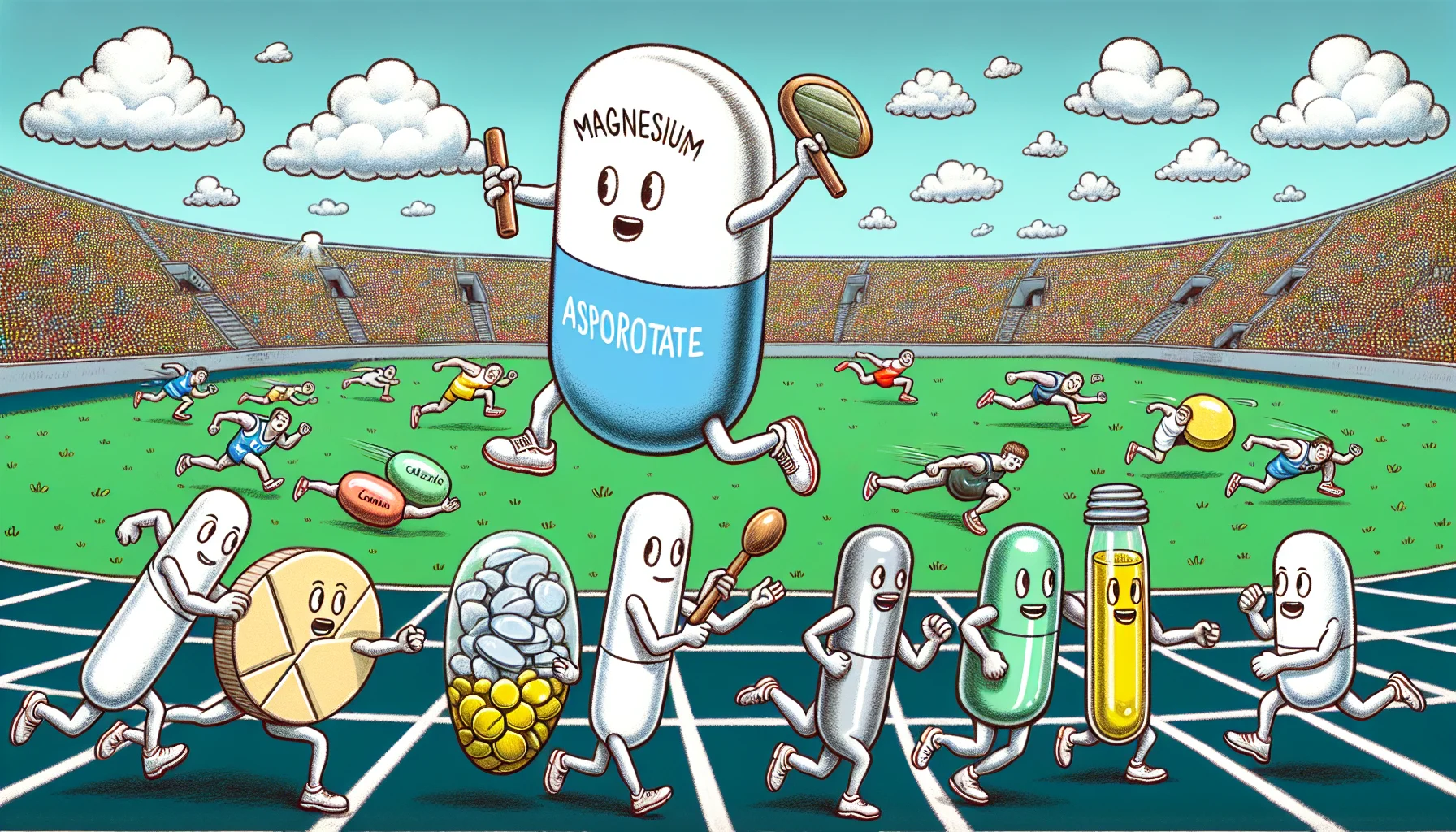 Picture a humorous scene with a large magnesium asporotate supplement pill engaging in various sports activities. It's participating in a relay race, passing a baton to a calcium capsule, competing in a javelin throw using a vitamin strip, and even boxing with an omega 3 fish oil capsule in a small boxing ring. The backdrop is a bustling sports stadium, filled with cheering supplements from various vitamin and mineral families. The message subtly encouraging supplementation usage is sketched across the sky in fluffy, cloud-like letters.