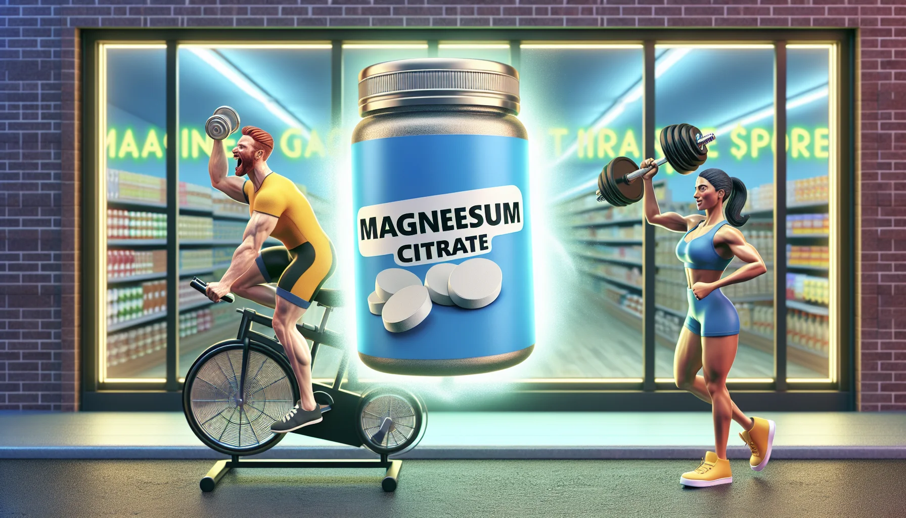 Imagine an amusing scene displaying a container of Magnesium Citrate. The container is situated in a retail setting, referencing the general style of dollar stores. In the scenario, two animated figures are depicted. The first one, a Caucasian male cyclist, is energetically pedaling on a stationary bike, powering a neon sign that illuminates the name 'Magnesium Citrate'. The other, a Middle-Eastern female bodybuilder, holding a barbell in one hand while pointing towards the Magnesium Citrate container with the other. The image underlines the idea of using health supplements for boosting athletic performance.