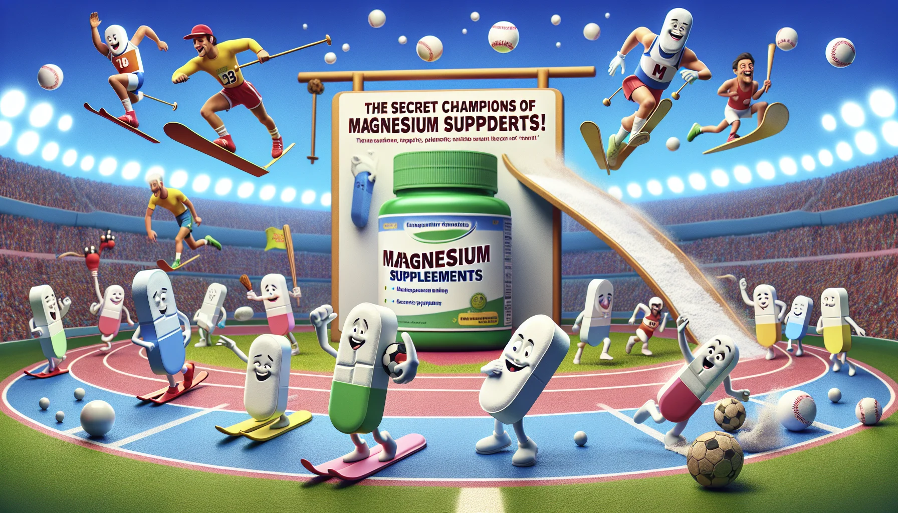Imagine a whimsical scenario of magnesium supplement tablets, personified, participating in various sports activities to illustrate their benefits. They are sliding down a slope on skis, playing baseball, running a marathon with a humorous twist. The background is a vibrant sports field, full of energy and excitement. On the forefront, there's a sign that says 'The Secret Champions of Sports - Magnesium Supplements!'. Remember, the magnesium supplements should look comical and friendly to make the scene more enticing.