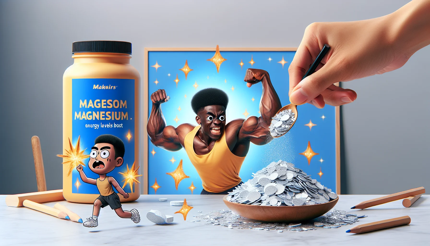 Create a humorous scene featuring magnesium flakes. These flakes appear larger than life, shining brightly on a table. Nearby, a cartoon depiction of a male East Asian athlete is pulling a face and flexing his arm muscles, boosting his performance. Adjacent to this, a female Black athlete shows a surprised expression upon witnessing the transformative power of magnesium flakes, signaling clear energy levels boost. This whimsical and captivating scenario should communicate the benefits of using magnesium flakes as a sports supplement.