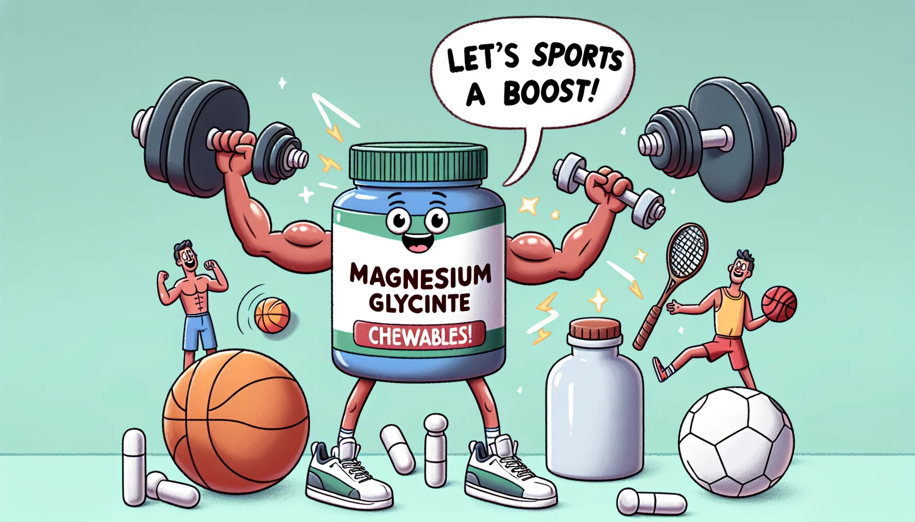 Picture an amusing, lighthearted scene encouraging people to consider nutritional supplements for sports. The star of the scene is a notable vessel of magnesium glycinate chewables. They are a lively animated character with muscular arms and legs, signifying their role in supporting physical performance. Surrounding the character are various sports equipment such as weights, a basketball, and a tennis racket, all jubilantly cheering them on. A speech bubble emerges from the magnesium supplement as it energetically says, 'Let's gives sports a boost!'