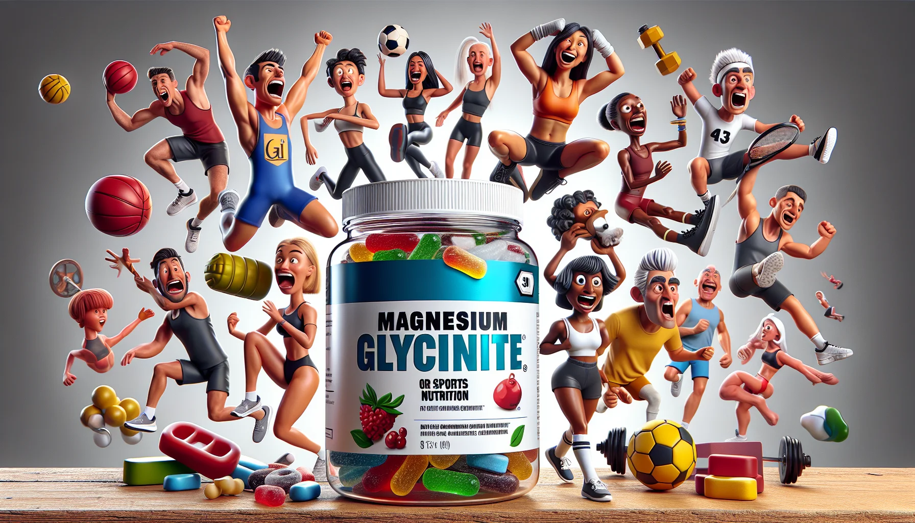 Generate an engaging and whimsical image showcasing magnesium glycinate gummies intended for sports nutrition. Imagine a humorous scenario where a prominently displayed jar of these gummies takes center stage. In the background, an array of diverse cartoonish characters representing people of different genders and descents, such as East Asian, Caucasian, and Middle-Eastern, are engaged in various sports activities. The human characters are showing exaggerated expressions of excitement and enthusiasm, adding to the humorous appeal. One character might be energetically doing gymnastics, another enthusiastically kicking a soccer ball, and another triumphantly lifting a dumbbell. The vibrant colors and humor in the scene should make the gummies seem fun, desirable, and beneficial for sports performance.