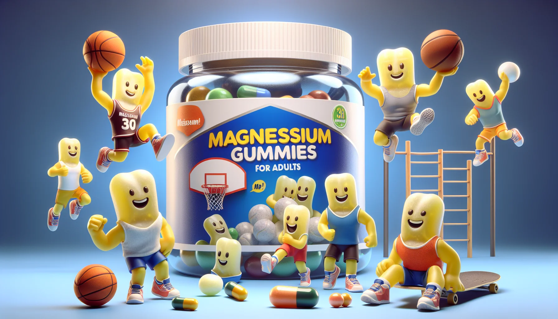 Create an amusing scene featuring a group of anthropomorphic magnesium gummies participating in various sports. One gummy could be dunking a basketball, another hitting a home run in baseball, and another running a marathon, all with smiling faces. They are wearing athletic gear to signify their active, sporty nature. The background shows a large bottle of magnesium gummies for adults, which is watching the gummy shenanigans and laughing along, giving an appealing and lively visual to promote the usage of supplements for sports activities.