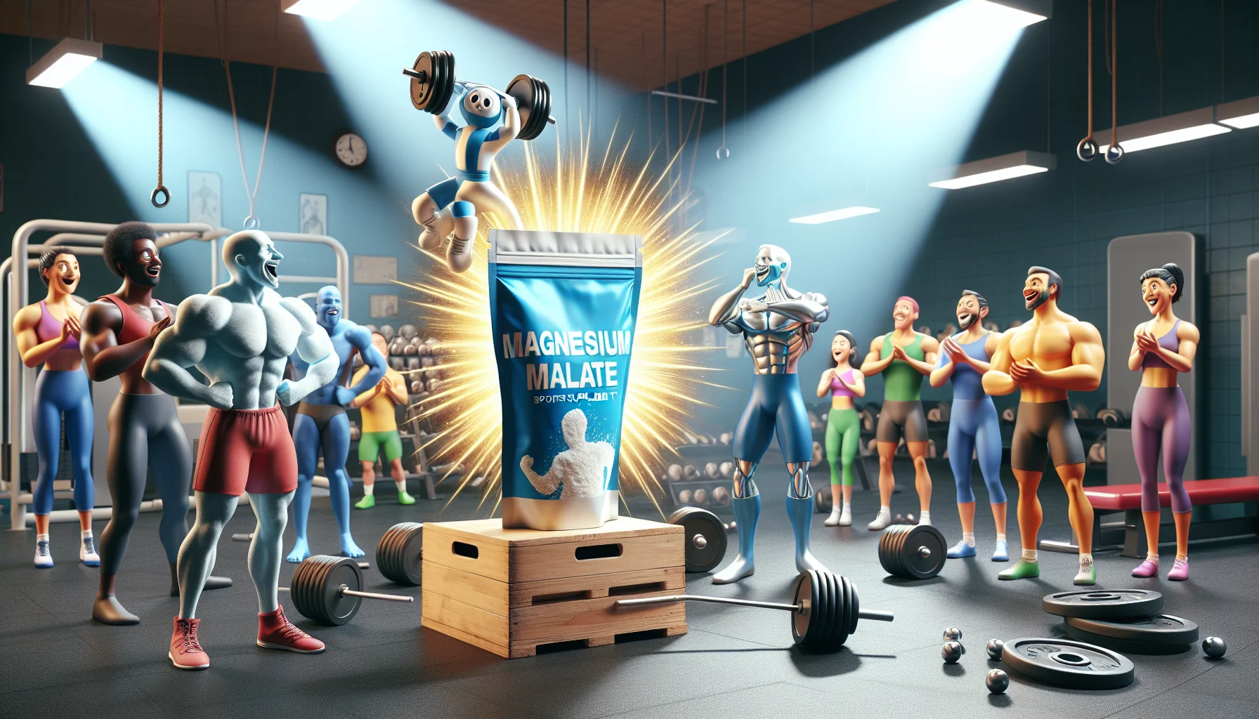 Imagine a comedic scene where magnesium malate powder, known for its sports supplement benefits, is stealing the spotlight. A pouch of it is placed in the center of a typical gym scene. The weights, treadmills, and other equipment look on in surprise and amusement, as if each item has its own personality. They appear to be applauding and cheering on the magnesium malate powder like a star athlete. A burst of energy is emanating from the pouch, symbolizing the strength and vitality it brings to those who consume it. Human figures of various descent and gender are also present in the scene, observing with interest and amusement.
