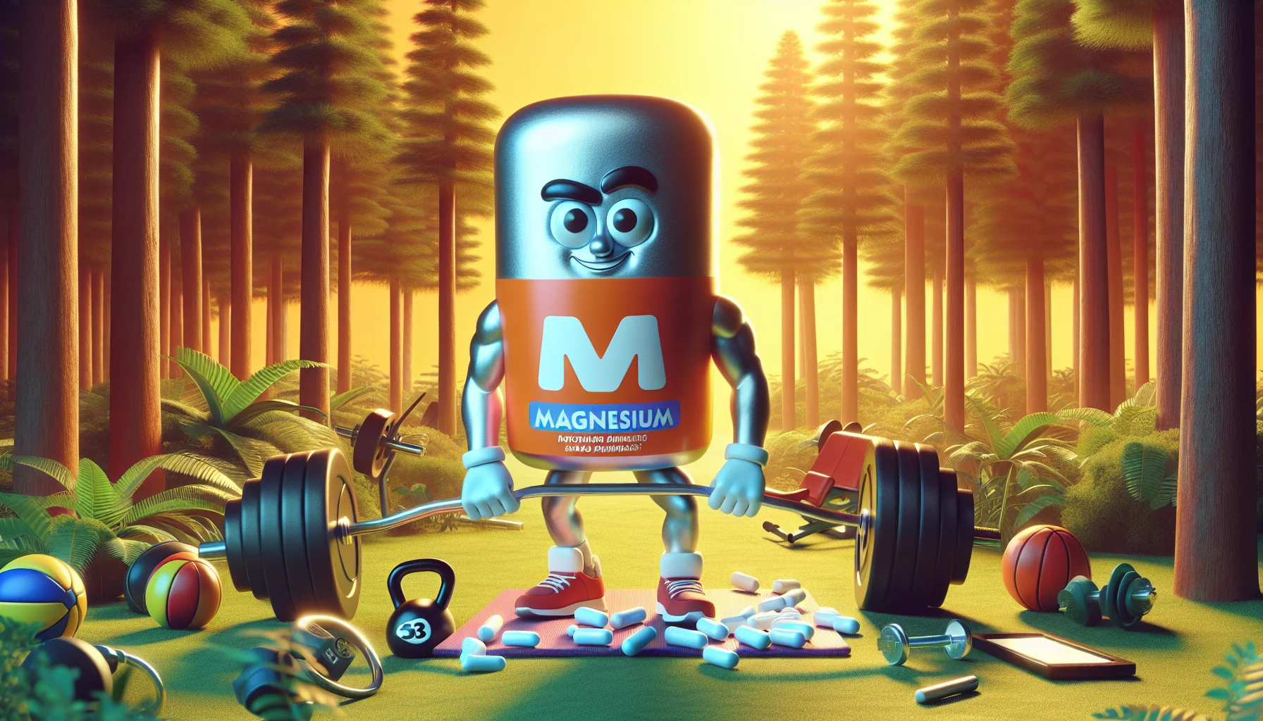 Create an image depicting a humorous scenario, where magnesium supplements are personified as hardworking elements to underscore their effect on athletic performance. In this vivid imagery, envision magnesium as a robust, cartoonish character, lifting weights early in the morning in a forest, symbolizing 'morning wood'. This character embodies the strength and benefits that magnesium provides to sports enthusiasts. Have also an array of sports equipment scattered around the scene to highlight the sports supplementation aspect. Use an inviting and vibrant color scheme to create a compelling and enticing atmosphere.