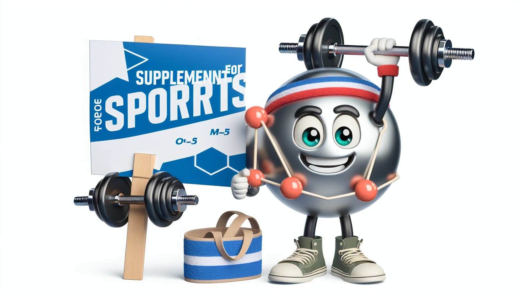 Generate a realistic image of a smiling magnesium orbital diagram character, holding a 'Supplements for Sports' sign in one hand and a dumbbell in the other. Reinforce the humorous element by having sports gear such as a headband and sneaker-like attachments at the bottom. The character is also waving the other hand, posing as if confidently urging people to start using sports supplements.