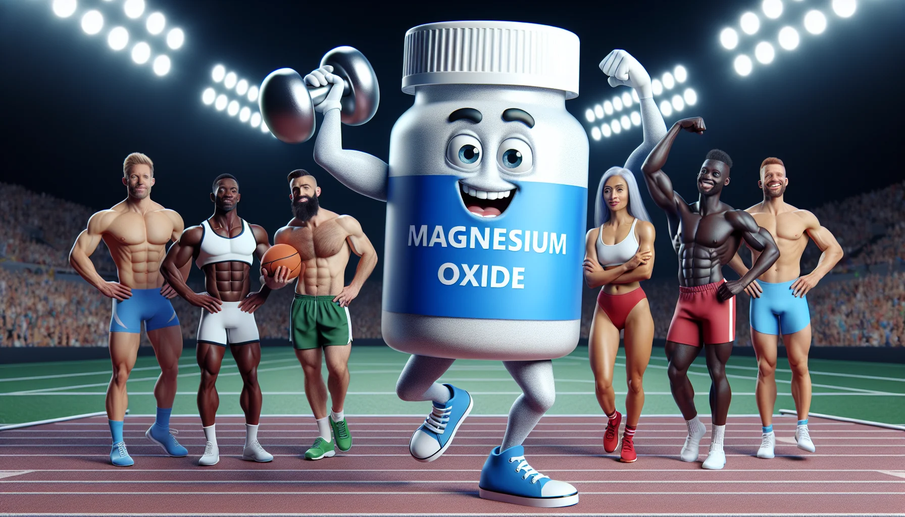 Create a comedic scene showcasing the usefulness of magnesium oxide supplements for athletes. Imagine a cartoonish half-human, half-supplement bottle character with 'Magnesium Oxide' clearly labeled. This character is in a sports setting, cheerleading with a smile on its face, flexing its muscles, holding a magnesium oxide capsule as if it were a dumbbell. Athletes of diverse descents and genders stand in the background, their improved performances evident, signifying the benefits. They range from a Caucasian woman sprinter, a Middle Eastern male football player, to a Black male basketball player and a South Asian female swimmer. They all exhibit positive and energetic expressions.