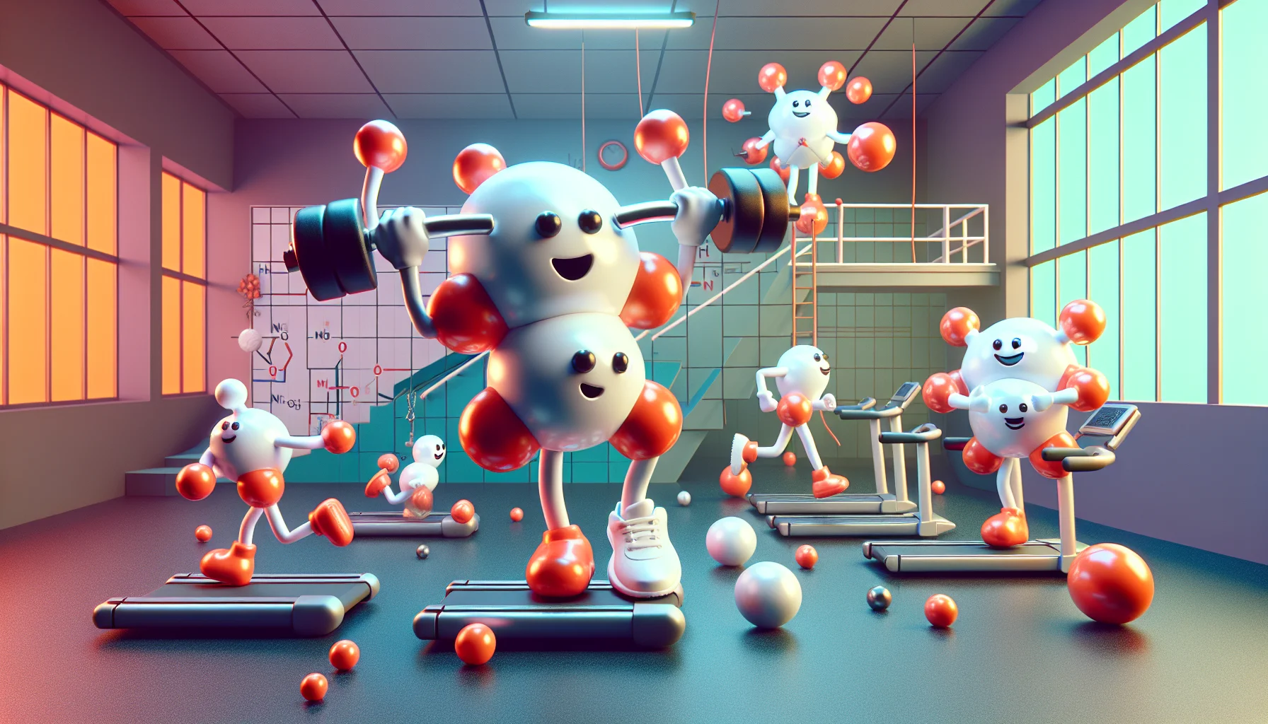 Design a playful and imaginative scene where anthropomorphized magnesium and potassium aspartate molecules are acting like personal trainers at a gym. They are showing off their strength and agility, inspiring those around them. Magnesium is lifting a huge dumbbell effortlessly, showcasing its potential benefits on muscle performance. Potassium, on the other hand, is sprinting on a treadmill, emphasizing its role in maintaining energy and reducing fatigue. Other smaller molecule figures are watching them in awe and getting motivated to join the fitness session. The surreal gym environment and characterful molecules make the image amusing and appealing.