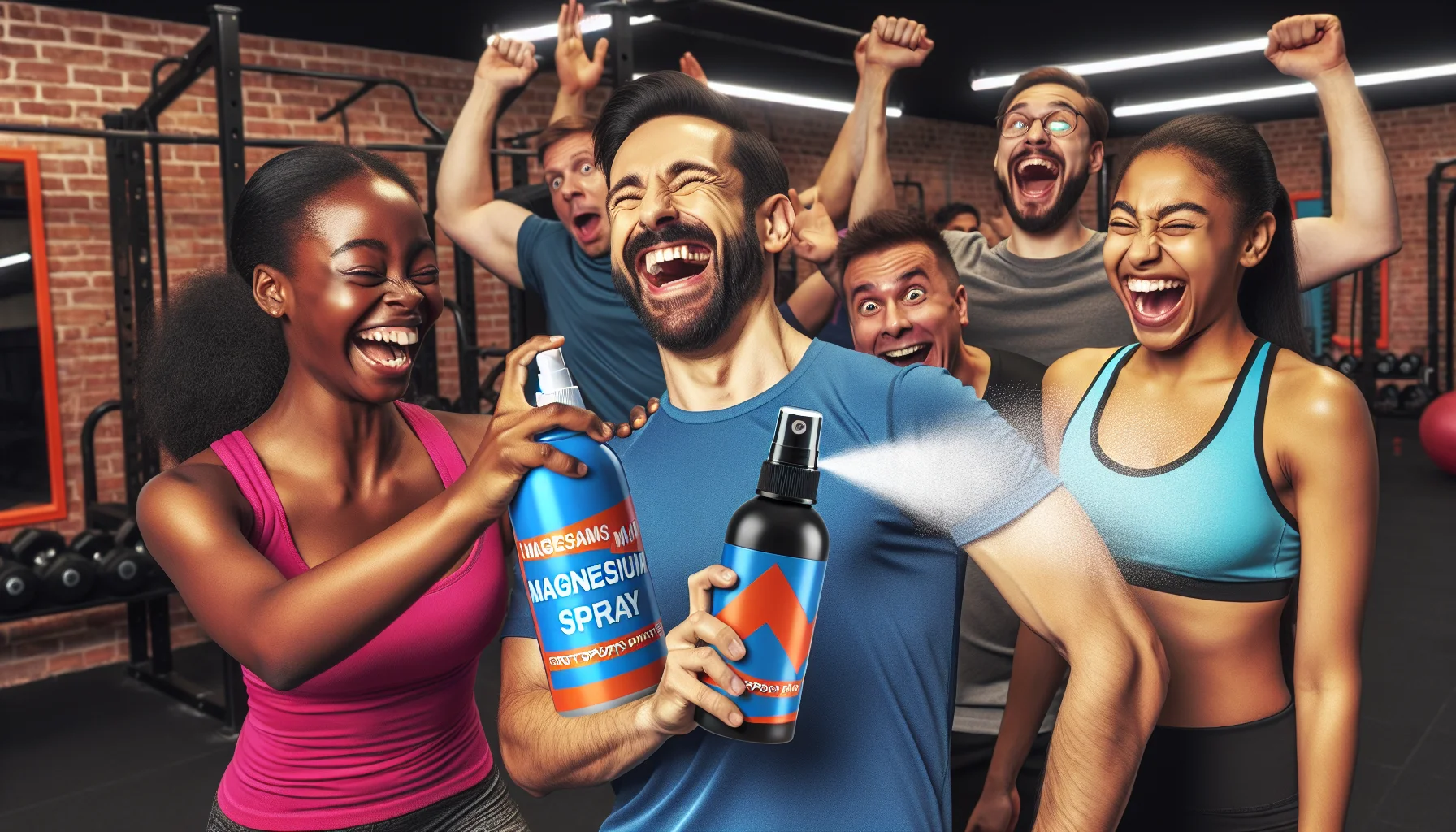 Create a humorous scene in a sports atmosphere where a friendly and jovial male gym trainer of Hispanic descent and a black female athlete are both laughing while using magnesium spray for their armpits. The magnesium spray bottle is vibrantly colored and stands out prominently. The reaction of other gym-goers around them varies from surprise to amusement. One part of the image should include a witty statement encouraging individuals to try out sports supplements. The gym environment should exude energy and camaraderie, making the use of magnesium spray seem like a fun and essential part of their routine.