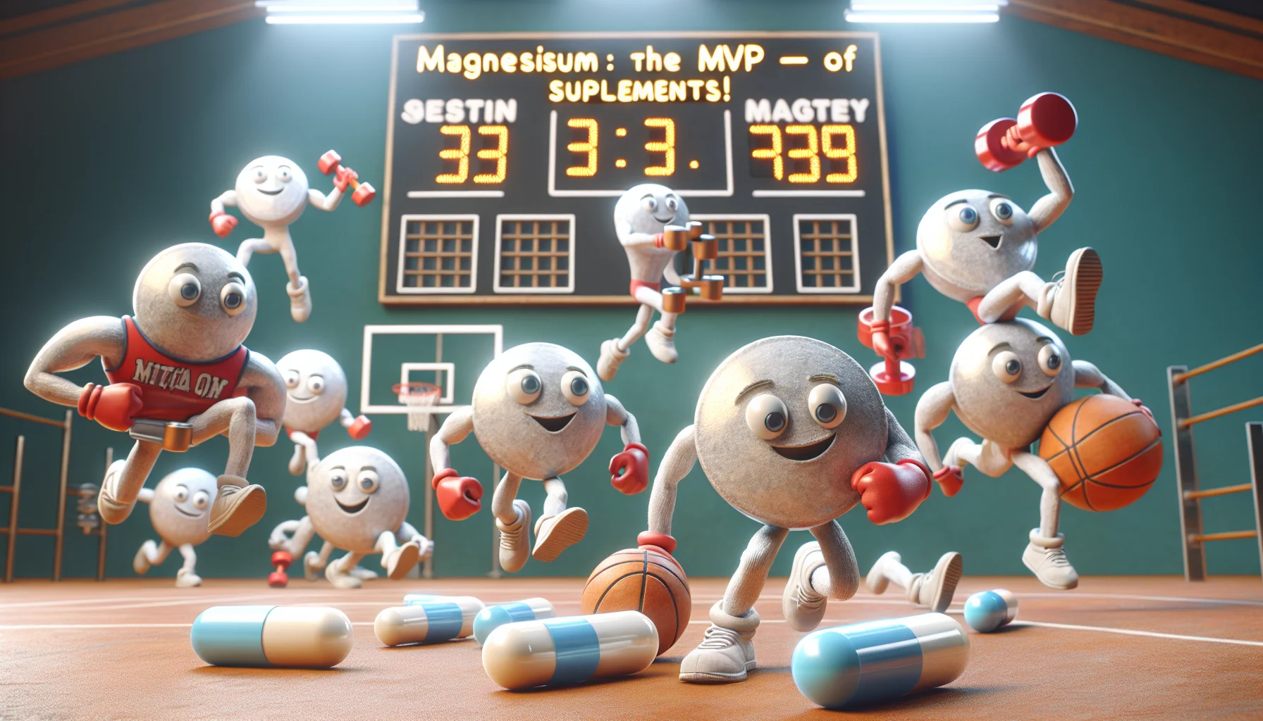 Render a humorous scenario where magnesium turnings are animated with anthropomorphic features, illustrating an act of playing various sports. They are shown running, lifting weights, and even cheering. On one side, a scoreboard displays 'Magnesium: The MVP of Supplements!'. The background resembles a lively gym setting with small doses of magnesium supplements strategically placed around the scene. The image is realistic and, in an amusing way, emphasizes the importance of magnesium in sports nutrition.