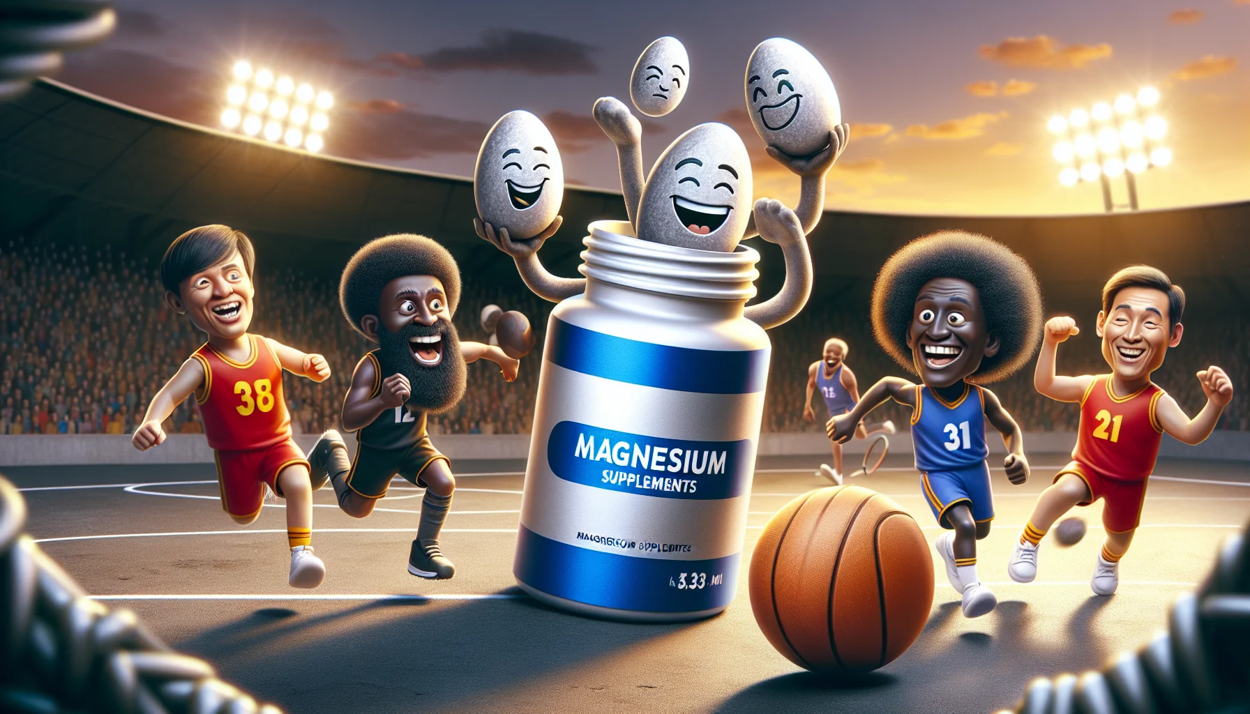 Show a comedic scene featuring a bottle of magnesium supplements, label removed, in a sports environment. Perhaps some of the supplements are anthropomorphized, with smiles on their faces, encouraging an enthusiastic football player of South Asian descent. Likewise, a basketball player of Black descent, and volleyball player of Caucasian descent are laughing and joining in the fun. The setting sun casts a golden glow over an action-packed game. The scene illustrates humorously how these supplements are essential for the athletes' sport activities.