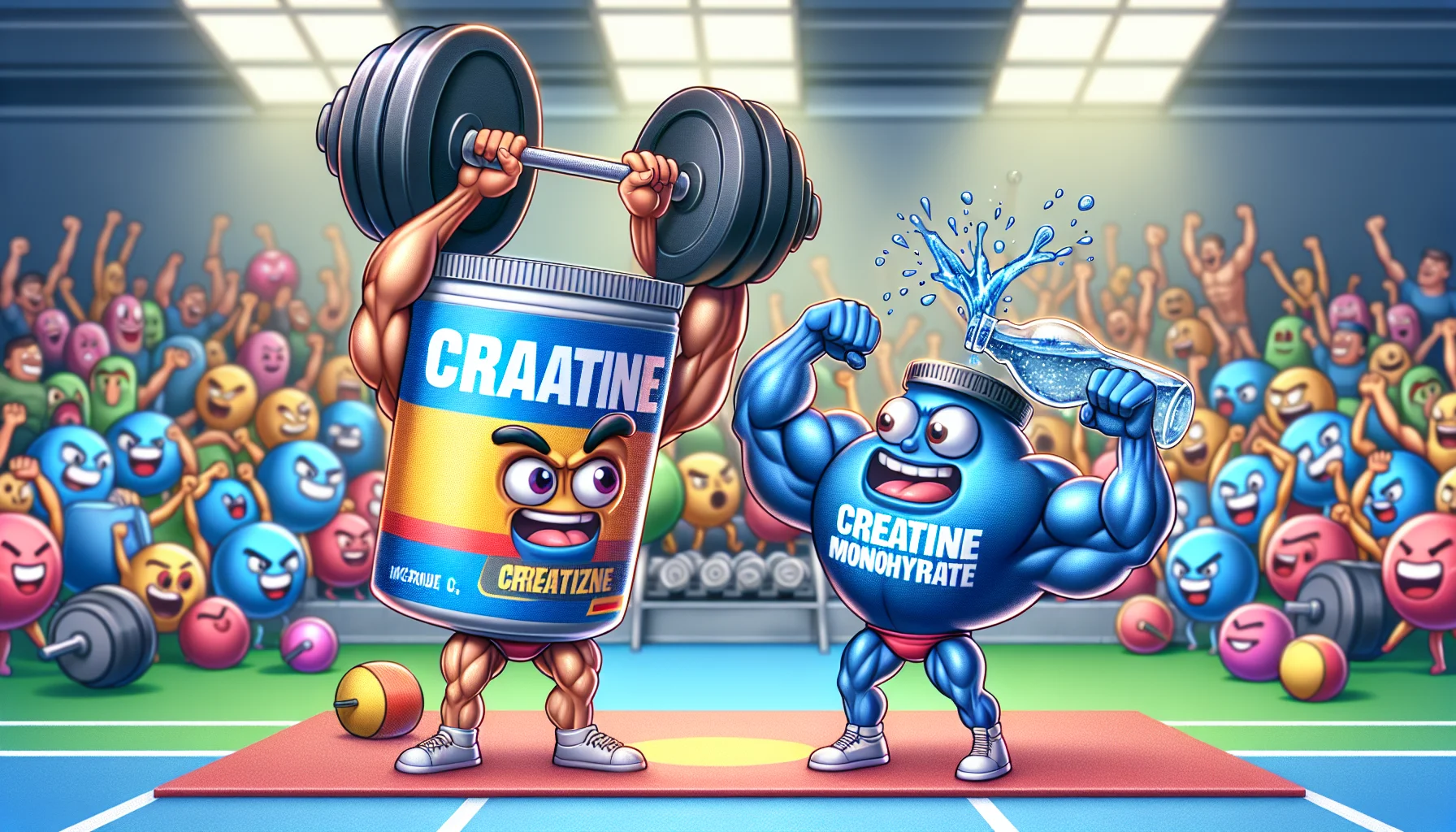 Create a humorous image showcasing micronized creatine and creatine monohydrate as funny cartoon characters in a weight lifting competition. Both characters, being personifications of the supplements, exhibit exaggerated characteristics of their respective properties. Micronized creatine, depicted as a smaller, more agile figure, is energetically lifting a huge dumbbell, showing its quicker absorption feature. On the other hand, the Creatine Monohydrate, a larger, steadier figure, confidently shakes a bottle filled with water, demonstrating its efficient dissolution. The background is depicted as a vibrant gym scene filled with cheering sport supplement containers, thereby promoting a positive image of supplement use for sports.