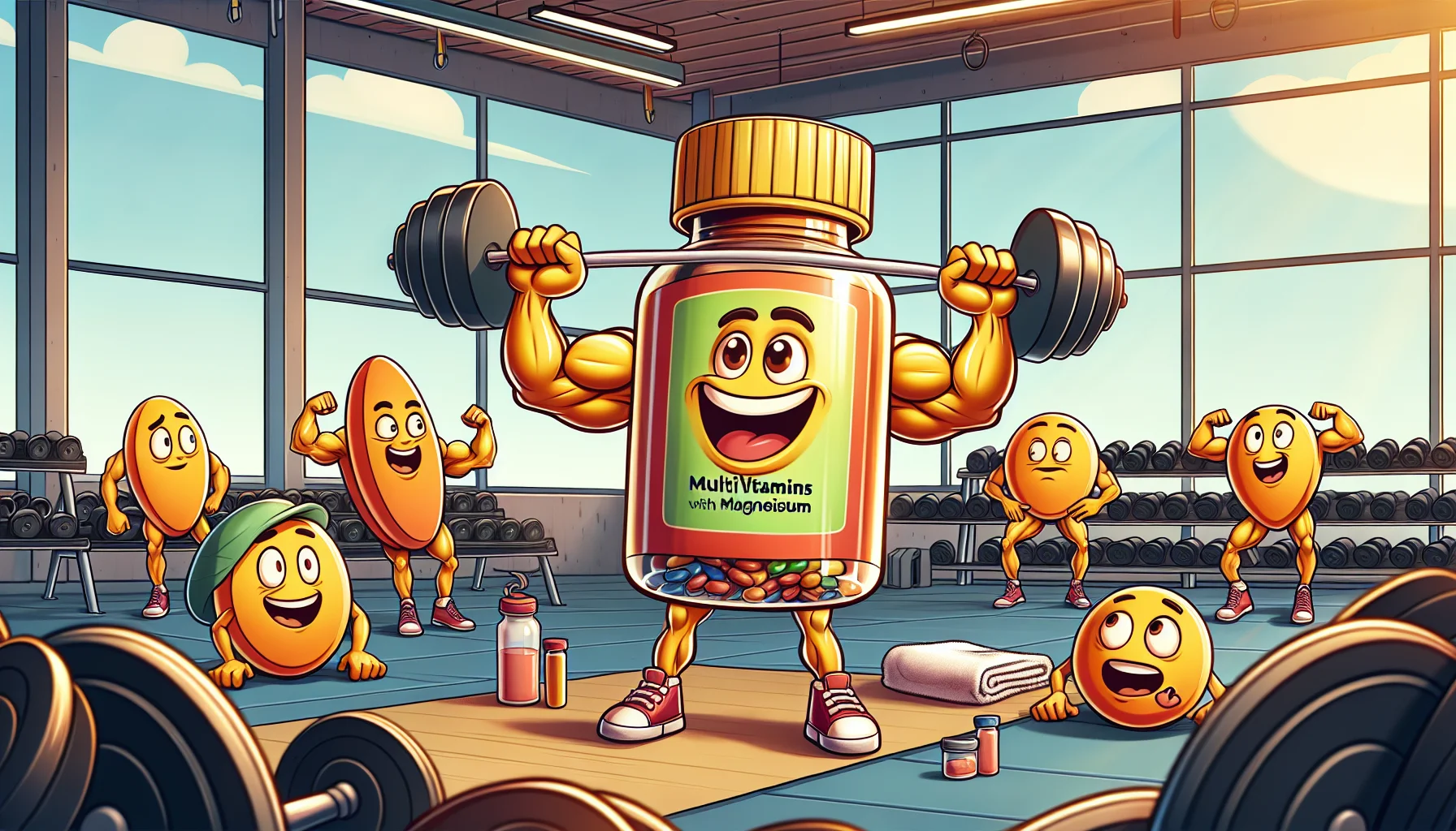 Create a comic-like, realistic image that presents multivitamins with magnesium in an amusing scenario. Imagine the vitamins are personified, having cheerful expressions and muscular arms, as if they have benefitted from sports training. They are in a gym setting pulling weights while encouraging onlookers around them. The onlookers could be stylized as everyday items like a bottle of water, a towel, or a protein bar, displaying expressions of surprise and admiration. An environment filled with popular gym equipment, a bright color scheme, and wholehearted laughter coming from the multivitamins should make the scene both amusing and inviting.