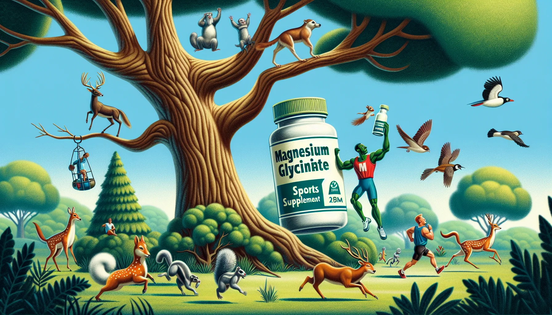 Illustrate a hilarious scene taking place in the outdoors, where nature itself is promoting magnesium glycinate, a popular sports supplement. The personification of nature might be depicted as a towering, sturdy tree with human-like features, tapping a bottle labelled 'Magnesium Glycinate' with a branch, like a gym trainer promoting a protein shake. Around it, diverse wildlife like squirrels, birds or deer could be exhibiting increased athleticism, performing extraordinary feats like executing perfect somersaults or racing at incredible speeds. The scene should have a light-hearted and enticing ambiance, thereby making the idea of using sports supplements appear both attractive and funny.