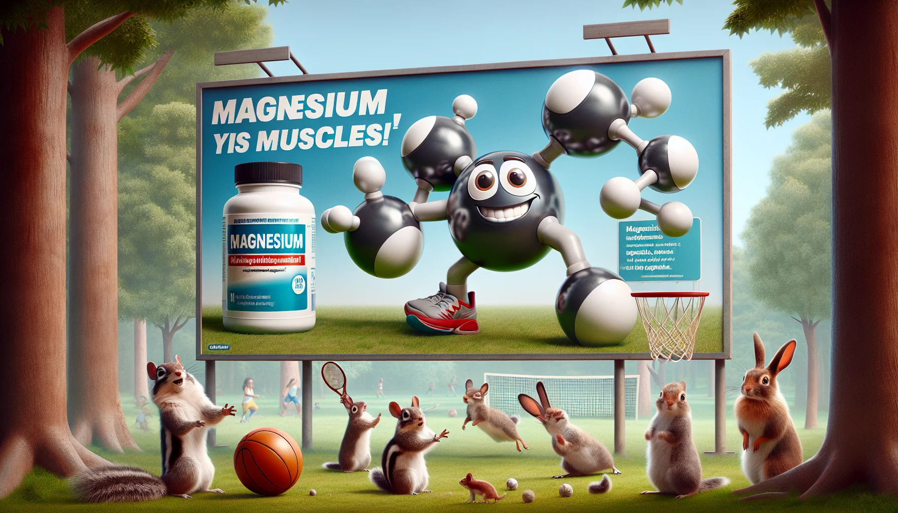 Imagine a comedic scene that takes place in nature. A large, animated magnesium molecule with a goofy cartoon-like face is, surprisingly, flexing its 'muscles'. It's participating in various outdoor sports activities like soccer, basketball, and tennis, showing off its strength and agility. Curious woodland creatures, including chipmunks, rabbits, and birds, are watching in awe and applauding. A billboard next to the 'sporty' magnesium molecule has a witty tagline that suggests the benefits of magnesium supplements for sports performance, giving a subtle and fun endorsement for health supplements.