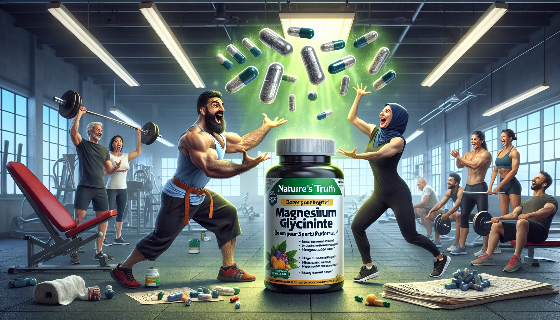 Create an image showcasing a hilarious scenario that encapsulates the effectiveness of a hypothetical magnesium glycinate supplement towards sports and fitness. The scene is set in a gym where a Middle Eastern female bodybuilder and a Hispanic male athlete are playfully juggling large, shiny capsules of the supplement, evoking surprise and amusement among the gym members. The supplement bottle labeled 'Nature's Truth Magnesium Glycinate' is on a nearby table, with a vivid green glow emanating from it, emphasizing its importance. A banner hangs in the background with text 'Boost your sports performance!'