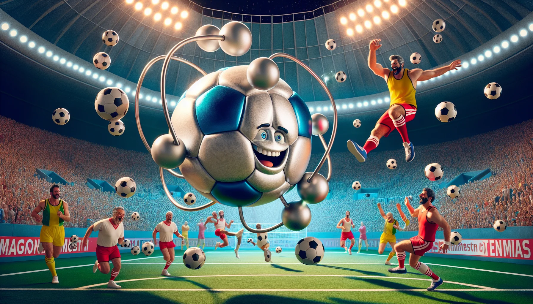 Visualize a humorous scenario involving a magnesium atom in a sporting context. The magnesium atom should be personified, full of energy and vitality, due to its two valence electrons depicted orbiting around it like energetic soccer balls. The scene is expanding the joke that these electrons are the 'extra boost' athletes get from magnesium supplements. To further entail the sports theme, maintain a background of a vibrant sports arena filled with other atomic spectators, cheering and laughing at the playful antics of the magnesium atom.