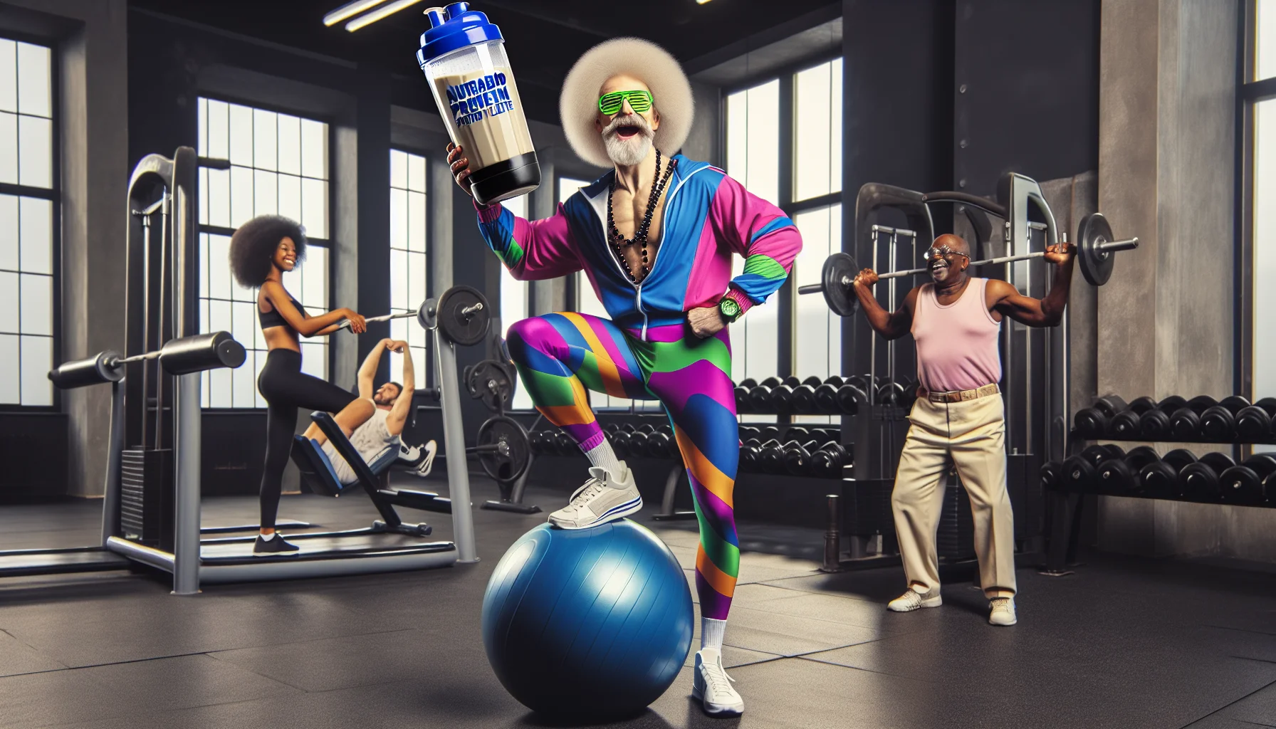 Create an image of a comedic situation involving Nutrabio Whey Protein Isolate that bodes well for enthusiasts of sport supplements. The scene is set in a classic gym setting with barbells and weight machines in the background. The main subject is a well-toned, middle-aged white man clad in an over-sized, comically bright 80’s tracksuit and neon sunglasses, joyously shaking a blender bottle filled with Nutrabio Whey Protein Isolate. He balances on one leg atop an exercise ball, causing laughter amongst his fellow gym-goers - a young black woman lifting weights and an elderly South Asian man doing stretches.