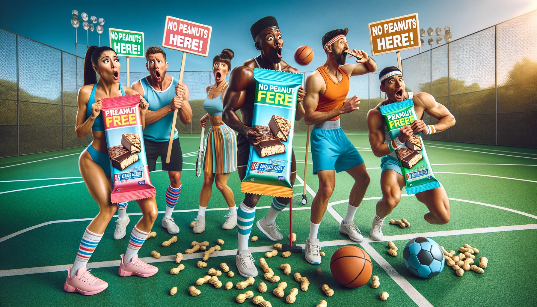Visualize a humorous scene that encourages the use of protein supplements for sports. Picture a few mock-concerned, animated peanut free protein bars stepping away from a sporty scene. They hold small cartoonish banners saying 'No Peanuts Here!'. In the background, a trio of athletes from different sports - a Caucasian female soccer player, a Black male tennis player, and a Middle-Eastern female boxer - are enjoyably chowing down on alternative protein bars, their faces filled with exaggerated delight. They wear vibrant, sports-specific outfits, and are situated in an outdoor, bright and energetic environment, perhaps a sports field or gym. Be sure to capture the lighthearted mood and the glowing emphasis on the advantages of peanut-free sports protein supplements.