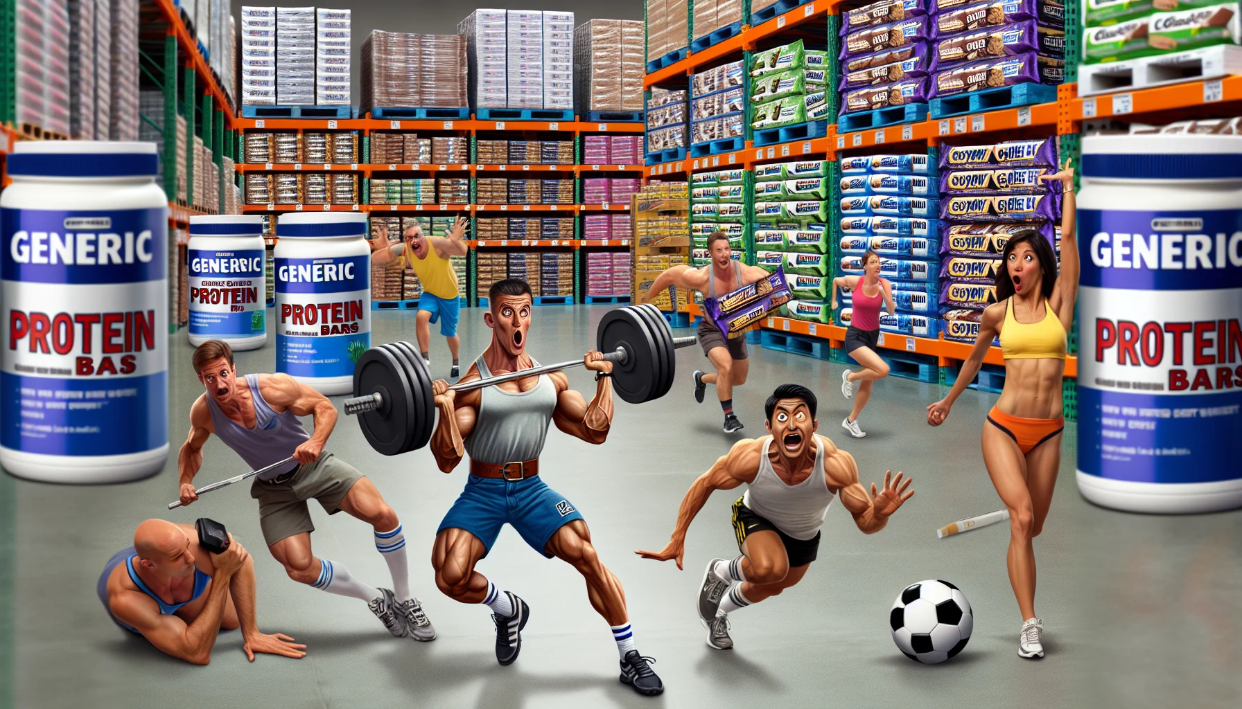 Create an image that showcases an array of generic protein bars on a warehouse store shelf, akin to the ones seen at Costco. Add a backdrop depicting a comedic scene involving different people engaged in various sports activities. Include a male weightlifter of Caucasian descent, misjudging his strength and lifting feather-light objects, a female Hispanic marathon runner sprinting at lightning speed leaving behind a trail of protein bars, and a surprised South Asian soccer player, discovering a protein bar instead of a soccer ball. The image should subtly promote the benefits of sports supplements in a friendly, humorous way.