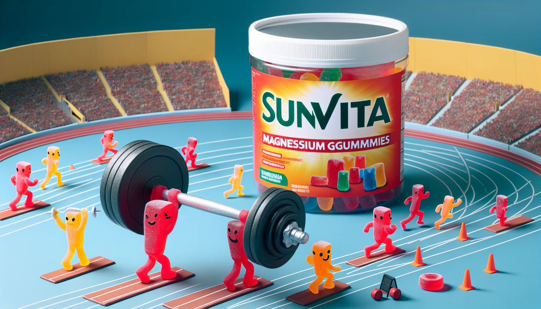 A humorous scene involving a container of fictitious brand 'SunVita' magnesium gummies, designed to lure athletes towards dietary supplementation. The container is sitting at a miniaturized track and field event where tiny animated gummies carnival-like characters are seen participating. The red gummy, shaped like a weightlifter, is successfully lifting a massive dumbbell, creating a fun appeal. The orange one, dressed like a runner, is zooming past the finish line, showing endurance. The supersized container in the backdrop encapsulates the excitement, emphasizes the importance of magnesium supplements in boosting sports performance.