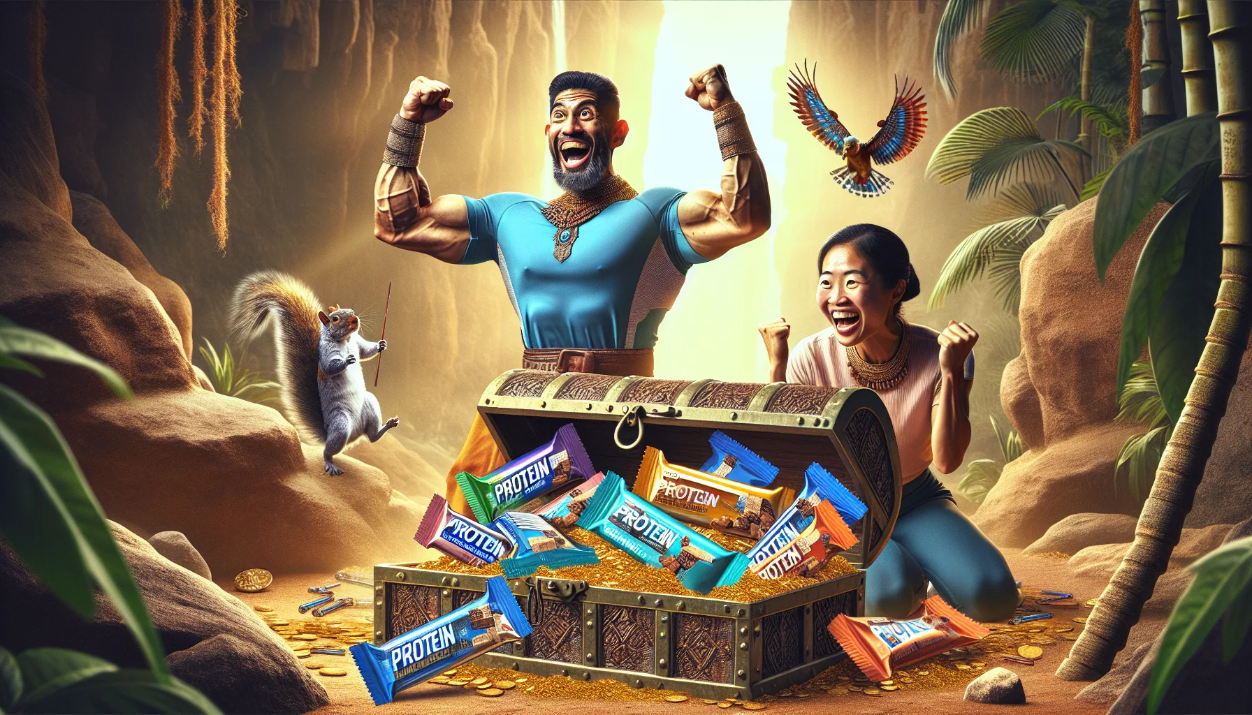 Create a highly detailed and realistic image of an amusing scene involving protein bars. Picture a Hispanic female athlete and a South Asian male bodybuilder cheering in excitement as they come across a treasure chest overflowing, not with gold coins, but with a variety of protein bars. The bars are of different sizes and colors, a testament to the diversity of protein supplements available for sports enthusiasts. On the side, a cheeky squirrel is attempting to make away with one of the protein bars, contributing to the levity of the scene.