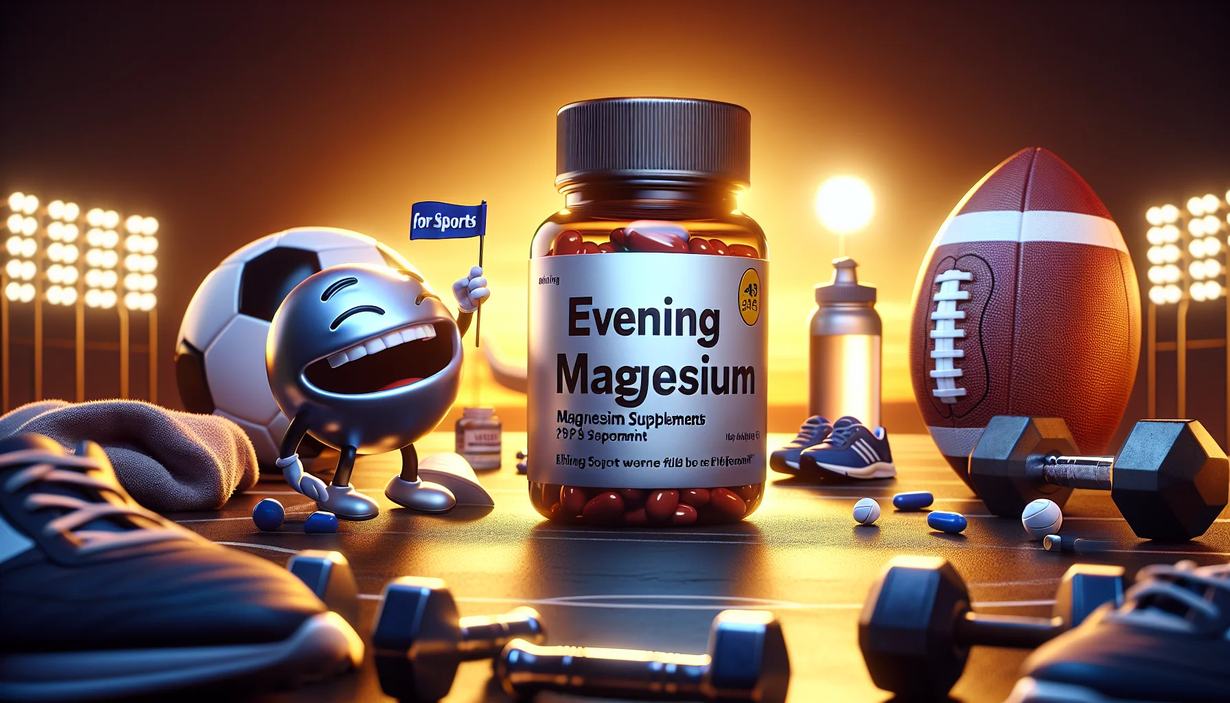 Visualize a humorous scene that highlights evening magnesium supplements in a sports setting. In the foreground, there's a 3D-looking glossy magnesium pill with a radiant glow, laughing like human, holding a tiny flag with 'for Sports' written on it. Set the scene during sunset, with the light illuminating the surrounding area in a warm orange glow. In the background, you can see various sport equipment like a football, dumbbells, running shoes, and a water bottle, all seemingly awed and looking at the pill with admiring eyes and smiles. Extra: Let the scene encourage diversity by showcasing a football jersey scattered nearby, indicating a number of different players have benefitted from the supplement.