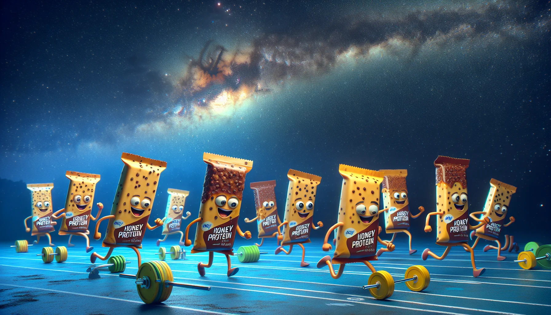 Imagine a lighthearted and vibrant scene set under a night sky filled with twinkling stars. The beautiful milky way draped across the sky illuminates a group of animated honey protein bars. These bars, as if brought to life, are humorously engaging in various sporting activities like sprinting, weightlifting, and cycling. Their funny expressions and actions create a whimsical atmosphere, cleverly advocating for the use of such supplements in sports. The scene aims to attract viewers with its charm and unique approach to promoting a healthy, active lifestyle with right nutrition.