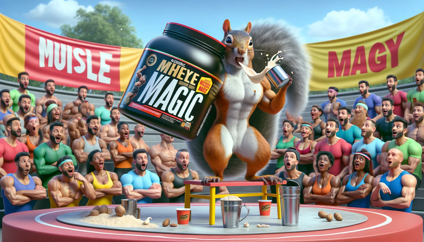 Create an image showcasing a generic whey protein tub with a funny label such as 'Muscle Magic' in an engaging scenario. The scene depicts an athletic squirrel with bulging biceps, mimicking a body builder pose, chugging from a tiny mug overflowing with this protein powder. In the background, a diverse group of human spectators reacting variously - some with surprised expressions, some snickering, and a few others taking notes diligently. The environment is like a vibrant sports carnival, laden with banners promoting healthy lifestyle, and the use of supplements for sports. Use vibrant colors to make it look lively and appealing.