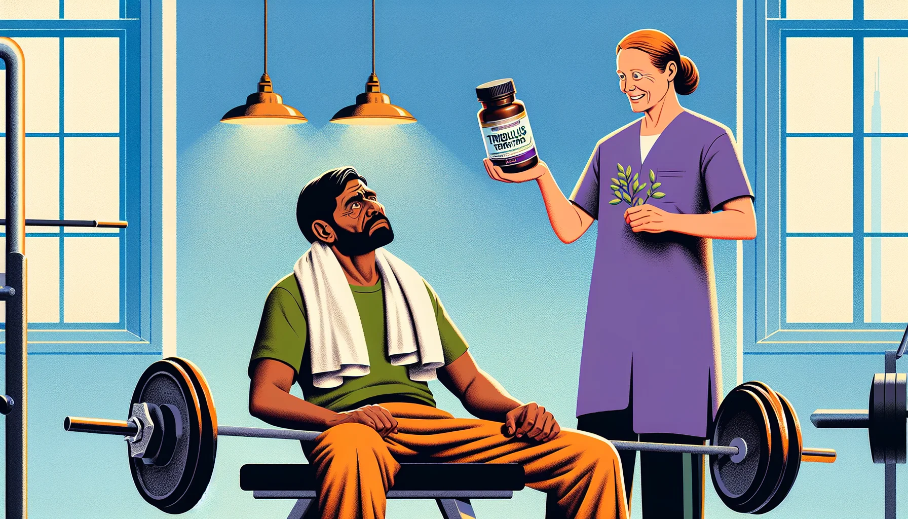 Create an image showcasing a funny scenario about 'Tribulus Terrestris', an herbal supplement frequently used in sports, encouraging people to try it. The scene unfolds in a gym where a hapless South Asian man is struggling with light weights. Suddenly, a helpful Caucasian woman personal trainer comes over and presents him with a bottle of 'Tribulus Terrestris'. Instantly, the man's confidence increases and he is seen lifting heavier weights with ease.