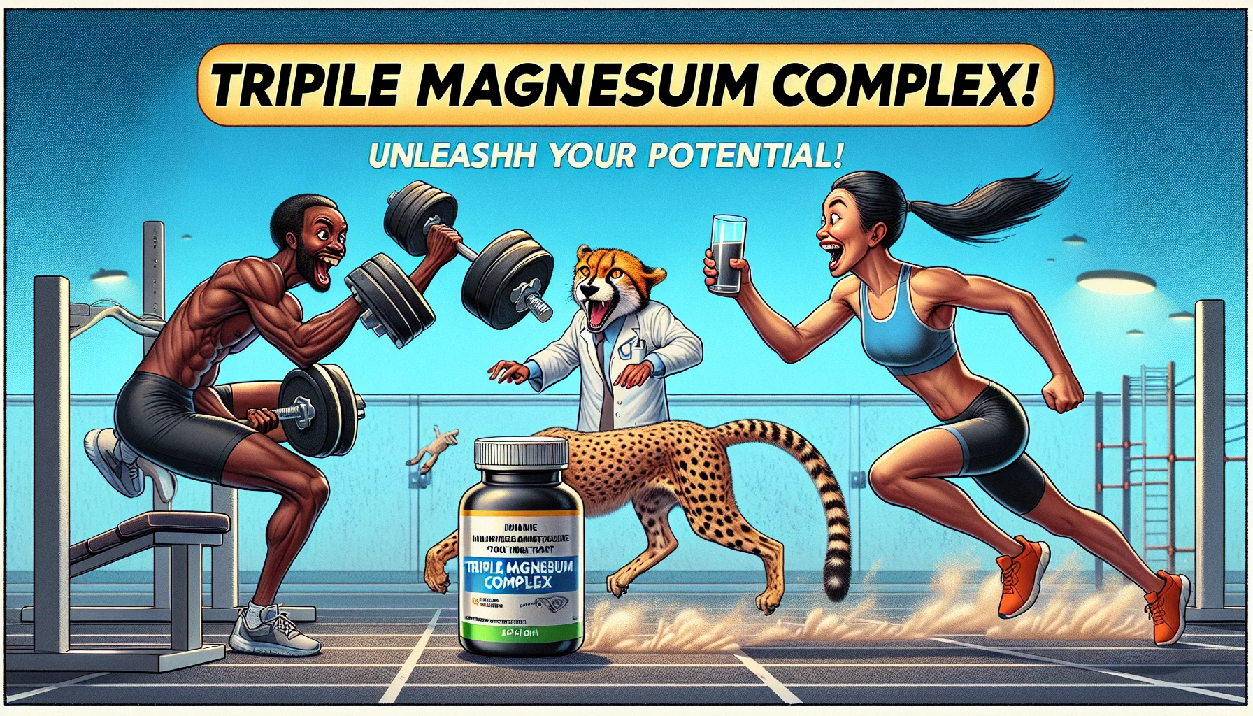 Imagine a comical scenario with a Black male athlete and a South Asian female athlete, both performing intense sports activities. On one side, the male athlete attempts to lift a heavy dumbbell and on the other side, the female athlete is trying to outrun a cheetah. Then, they take a break and gulp down Triple Magnesium Complex supplements. Suddenly, they both get a hilarious surge of energy, the man lifts the weight with ease and the woman outpaces the cheetah. A floating tagline says, 'Triple Magnesium Complex: Unleash your potential!' Strengthen the humorous and inviting aspect of this scenario.