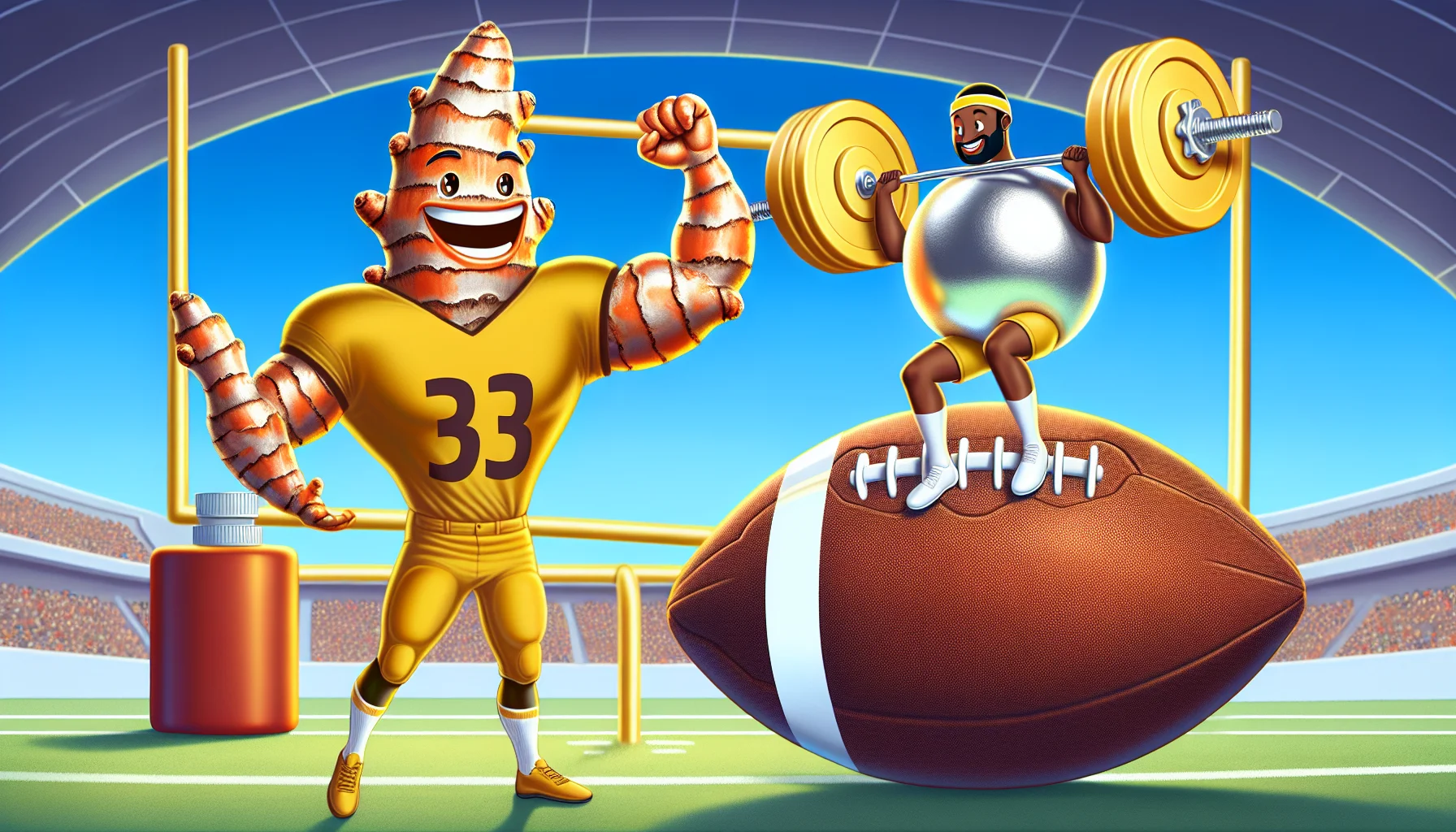 Illustrate an amusing situation set in a sports-oriented environment. In this scene, a large golden turmeric root and a glowing silver-white magnesium element are portrayed as animated, personified characters. The turmeric, portrayed as an agile, Hispanic male in a football uniform, is effortlessly sailing a giant football into the field goal. Magnesium, depicted as a strong, Black female weightlifter, is lifting a colossal barbell with a smile. Both are conversing cheerily, indicating their strength and performance benefits, hence encouraging the audience about the usefulness of turmeric and magnesium supplements in sports.