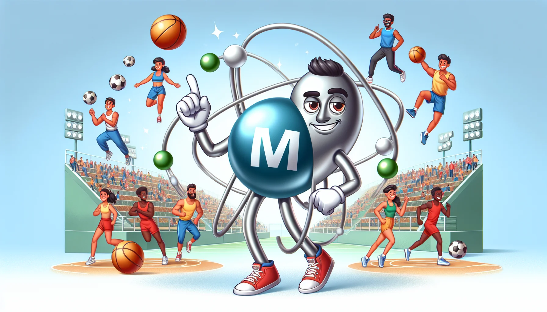 Create a dynamic and humorous illustration depicting a Magnesium atom personified as a successful, athletic character. This Hispanic, male Magnesium character, should visibly display its valence electrons, possibly styled as a collection of energetic sports balls orbiting around it. He is seen encouraging a diverse group of people performing different sports activities to use Magnesium supplements for their benefit. All around, the atmosphere should be bright, positive, and appealing, emphasizing the beneficial impact of Magnesium in a sporty context.