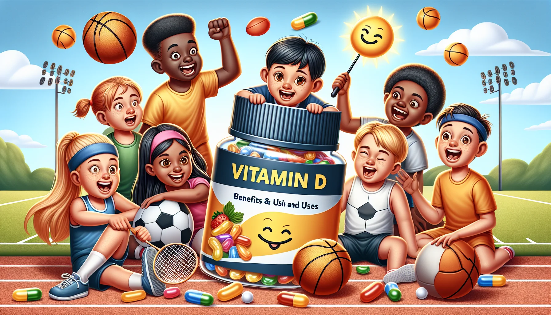 Create a playful image illustrating a scene where a group of kids of different descents such as Caucasian, Black, Middle-Eastern, Hispanic, South Asian, and White, are delightfully discovering a jar of vitamin D gummies. They are in a vibrant sports setting with footballs, basketballs, and badminton rackets around. The jar of gummies is humorously animated with smiley face, winking at the kids, trying to persuade them about the importance of vitamin supplements for sports activities. Include the benefits and uses as text on the jar, making it educational and fun.